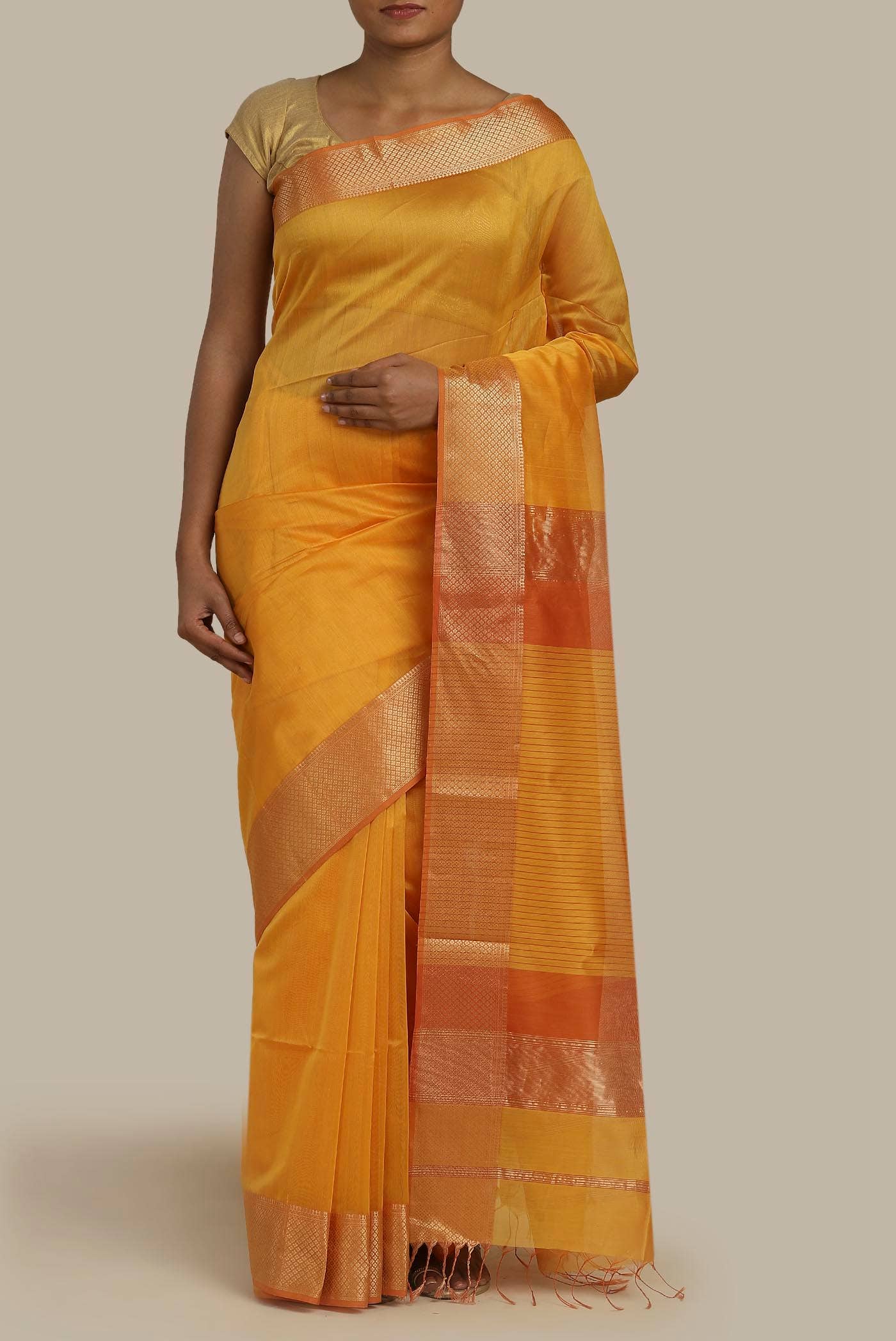 Yellow Maheshwari Silk Cotton Saree