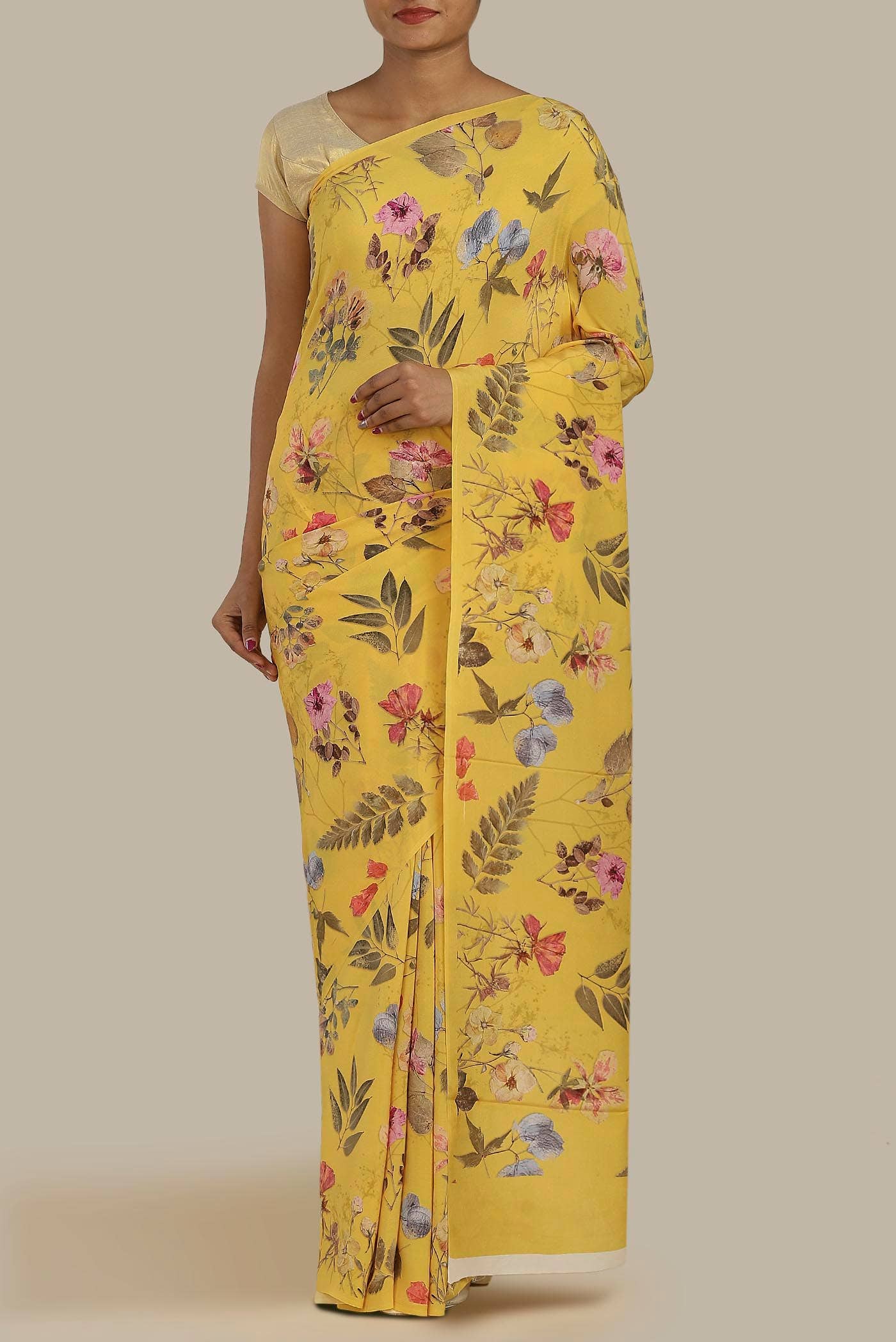 Yellow Crepe Saree