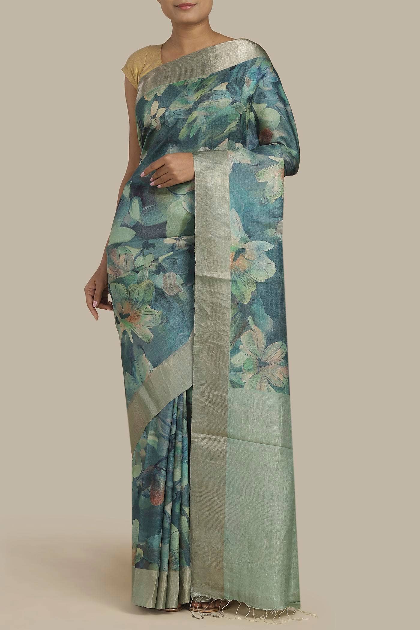 Blue Bhagalpuri Tussar Silk Saree