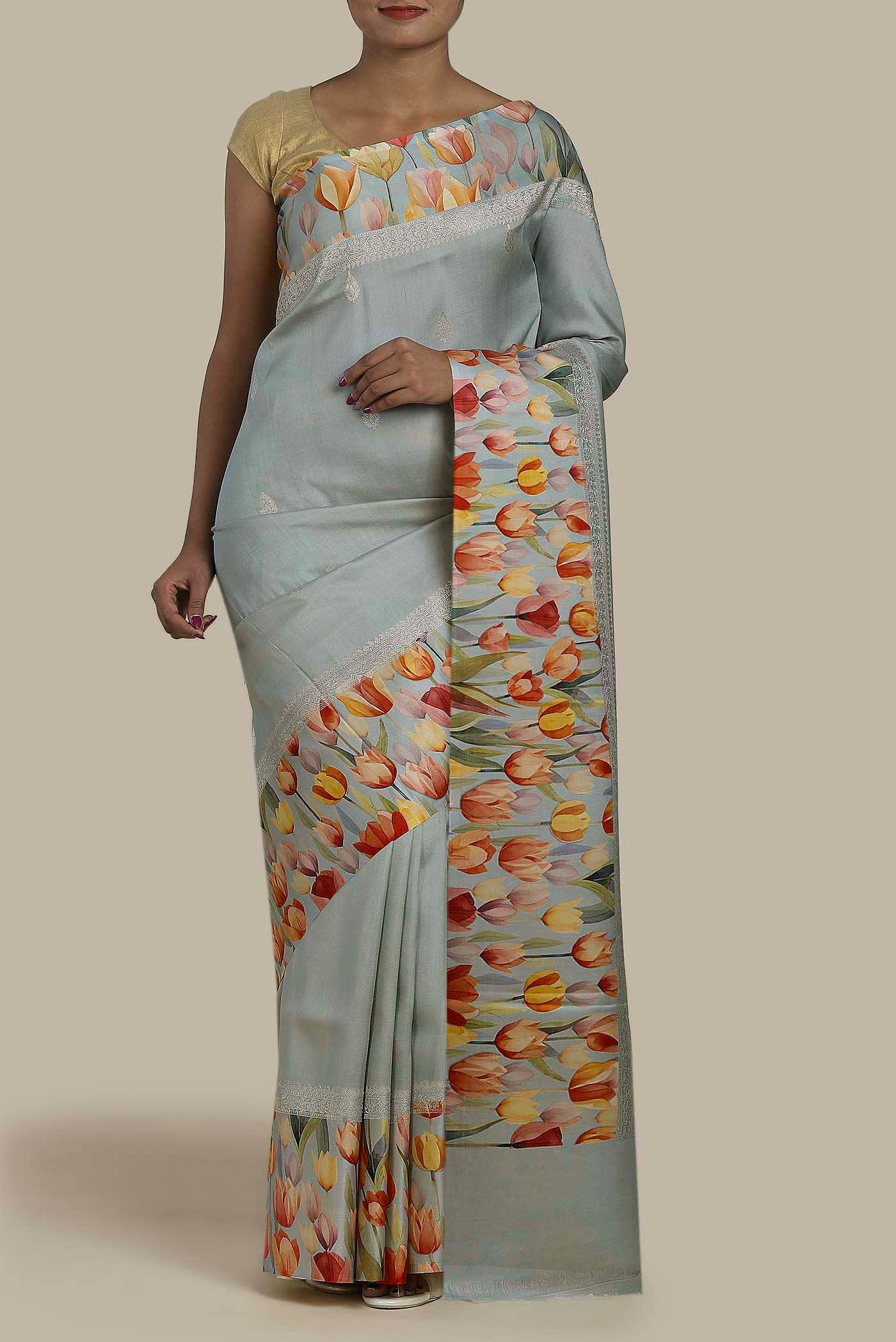 Grey Bhagalpuri Tussar Silk Saree
