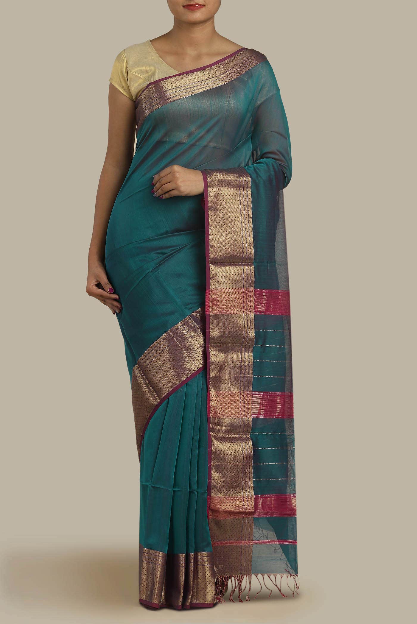 Blue with Pink Dual Tone Maheshwari Silk Cotton Saree