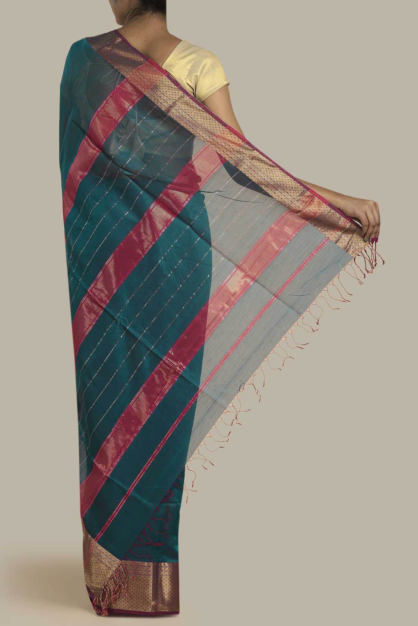 Blue with Pink Dual Tone Maheshwari Silk Cotton Saree