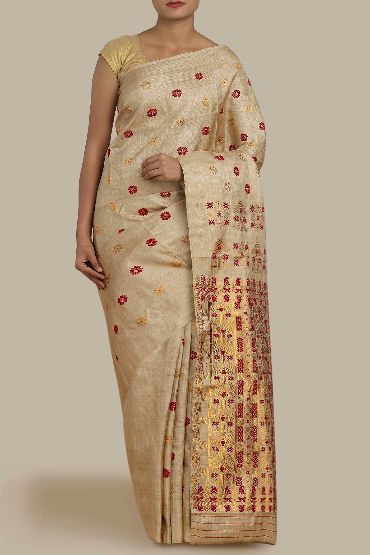 Beige Assam Silk Saree