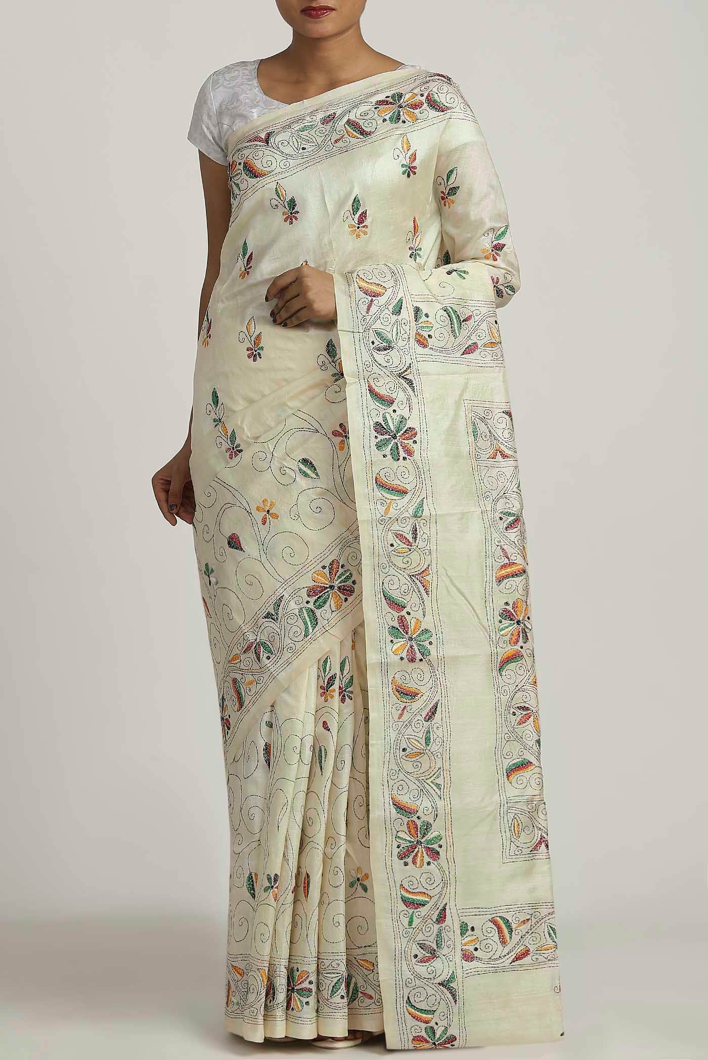 Cream Tussar Silk Saree
