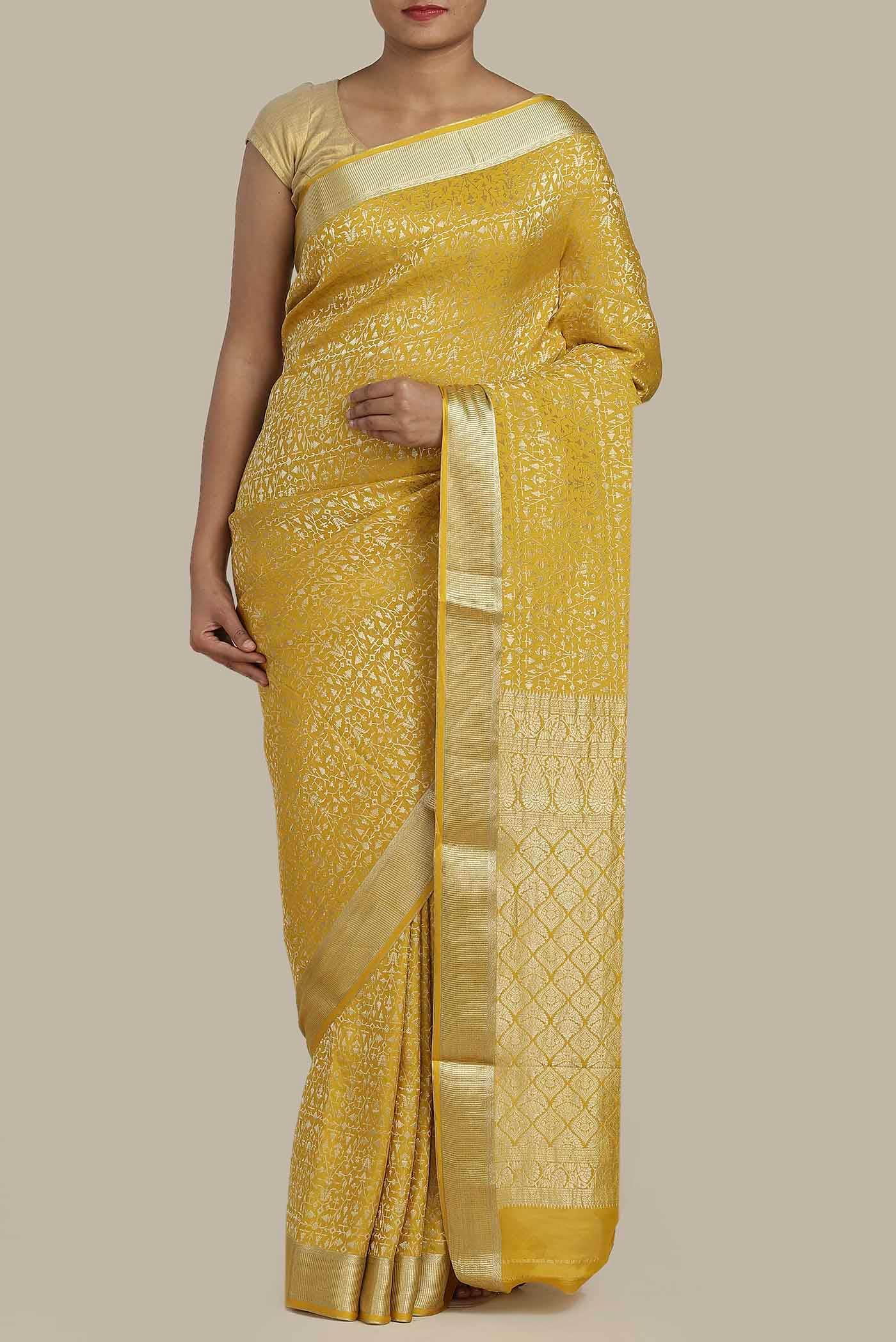 Yellow Mysore Crepe Saree