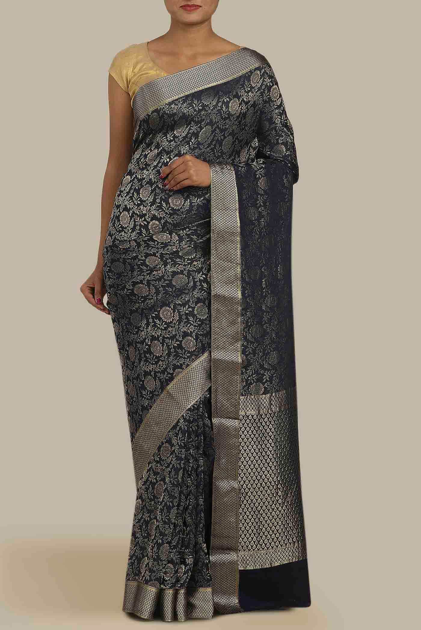 Navy Blue Mysore Crepe Saree