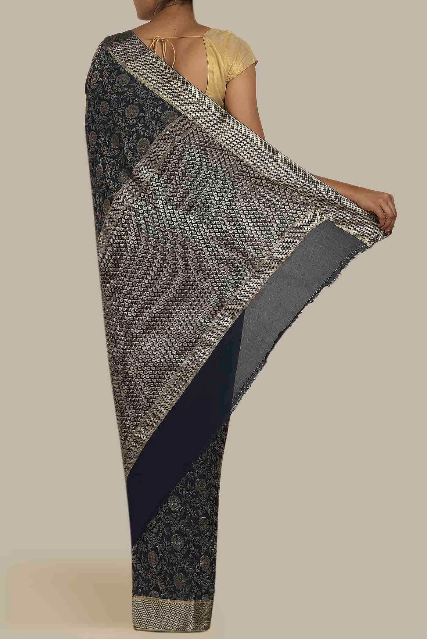 Navy Blue Mysore Crepe Saree