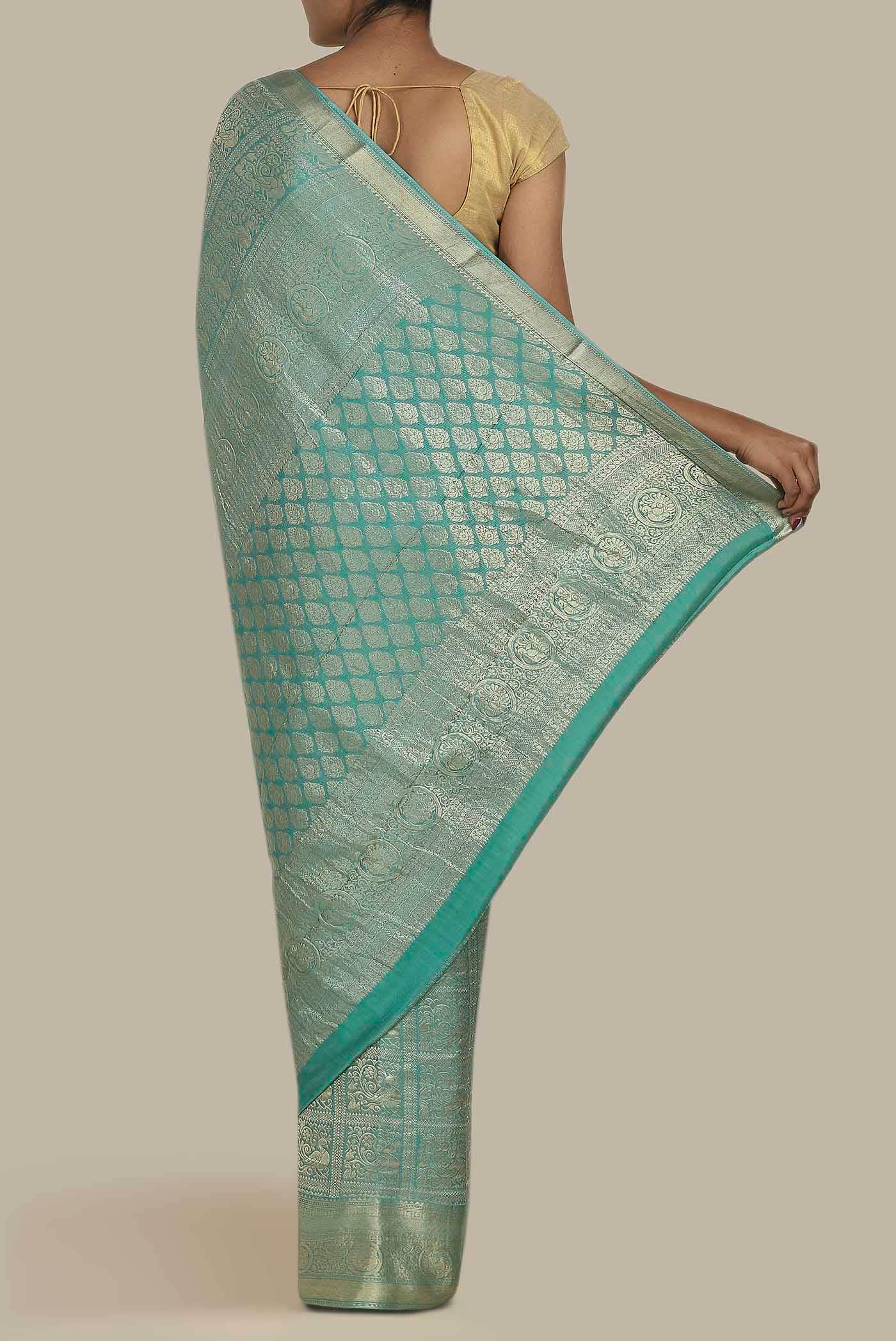 Turquoise Mysore Crepe Saree