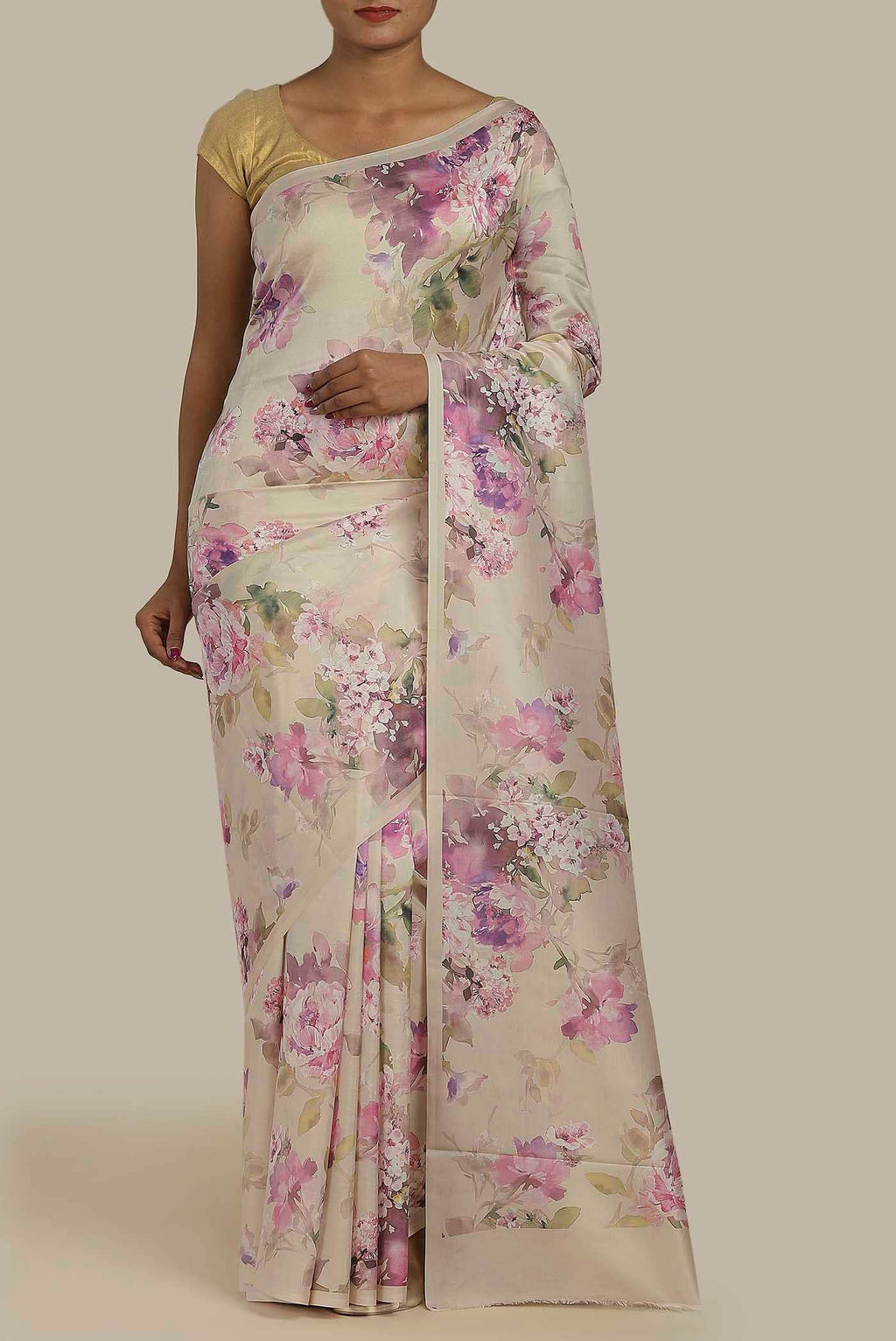 Cream Printed Silk Saree