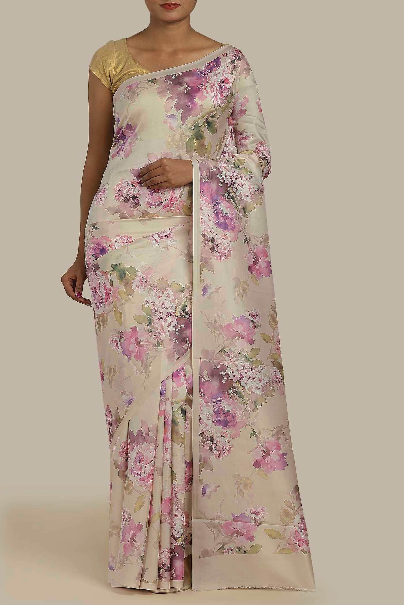 Cream Printed Silk Saree
