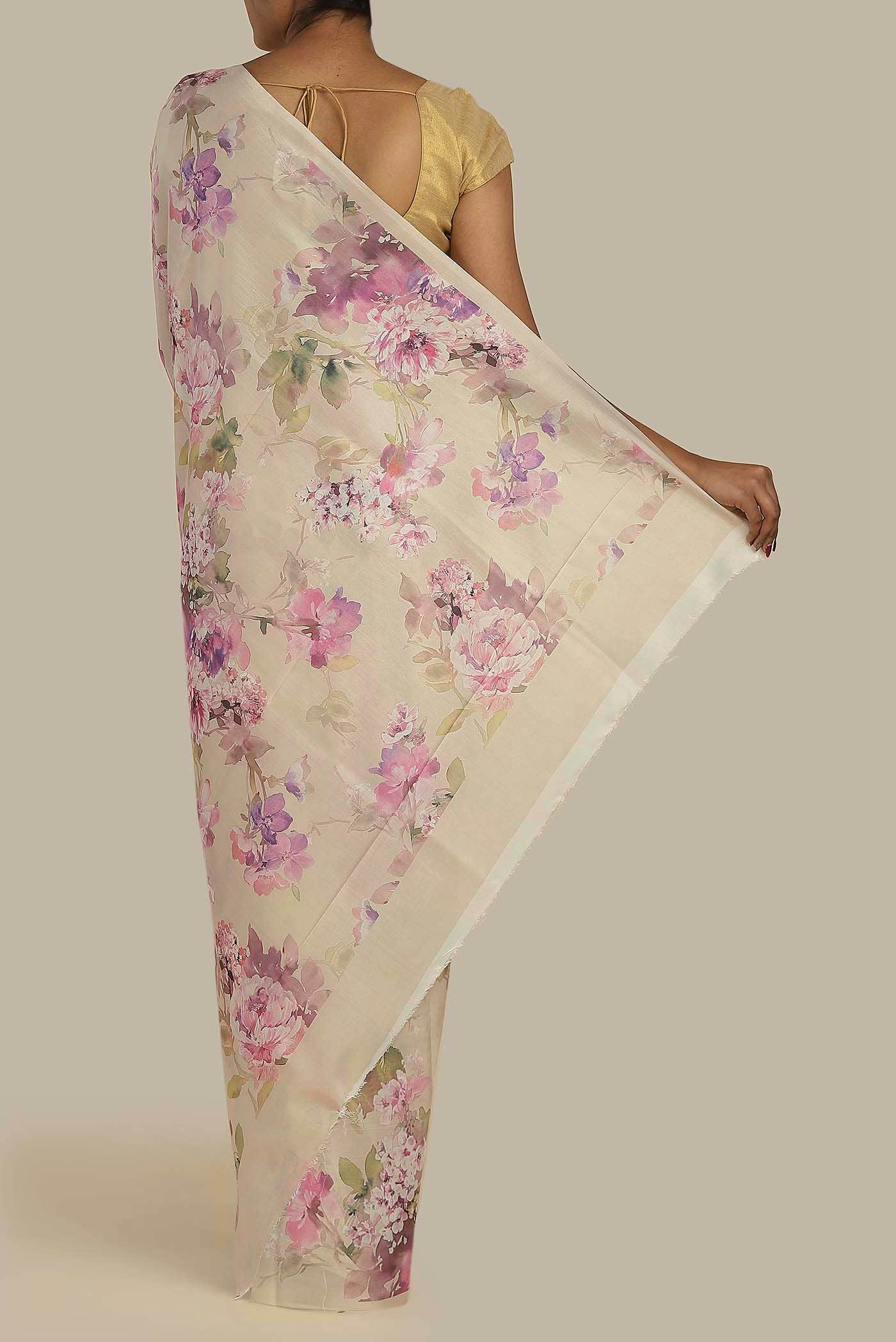 Cream Printed Silk Saree