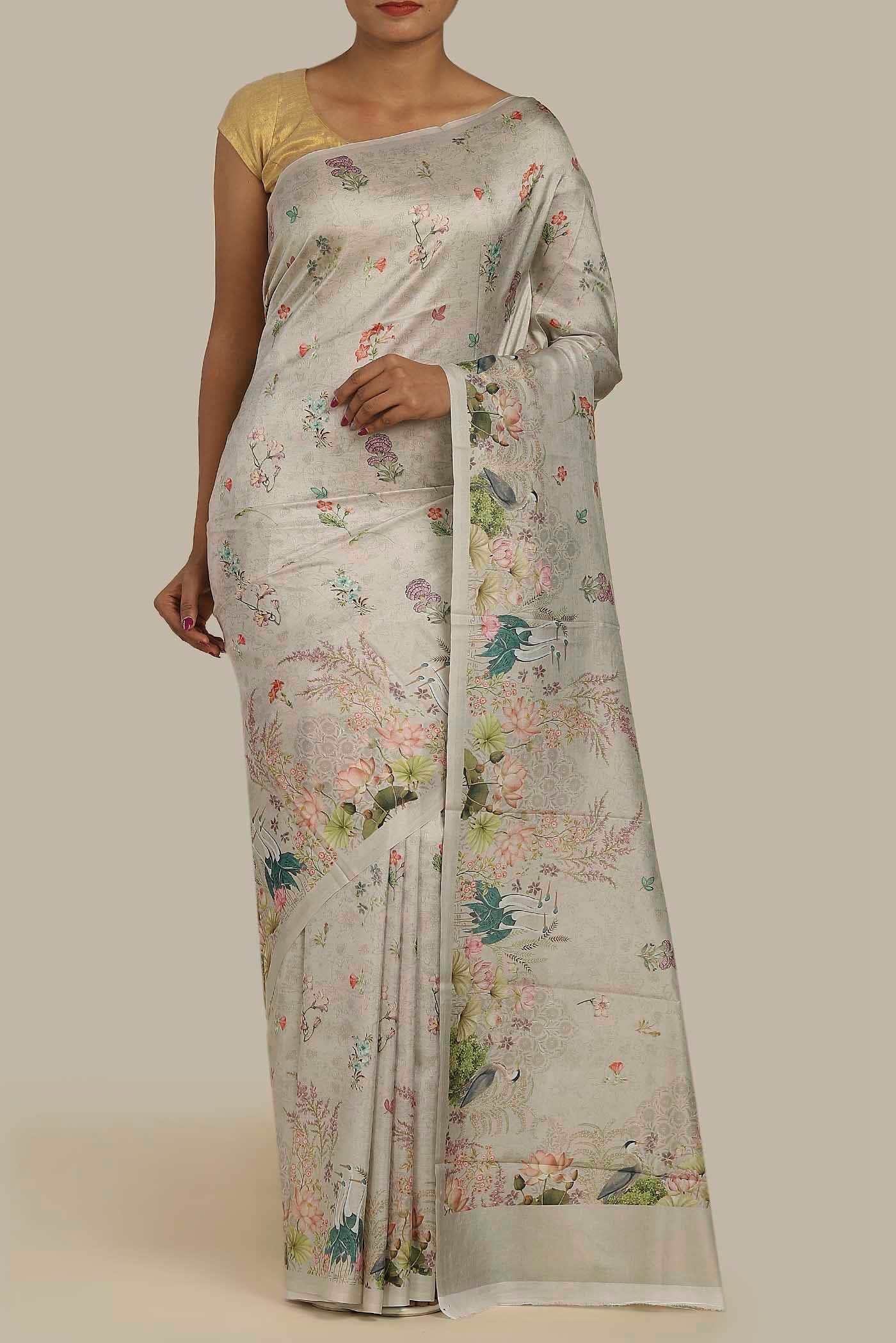 Beige Printed Silk Saree