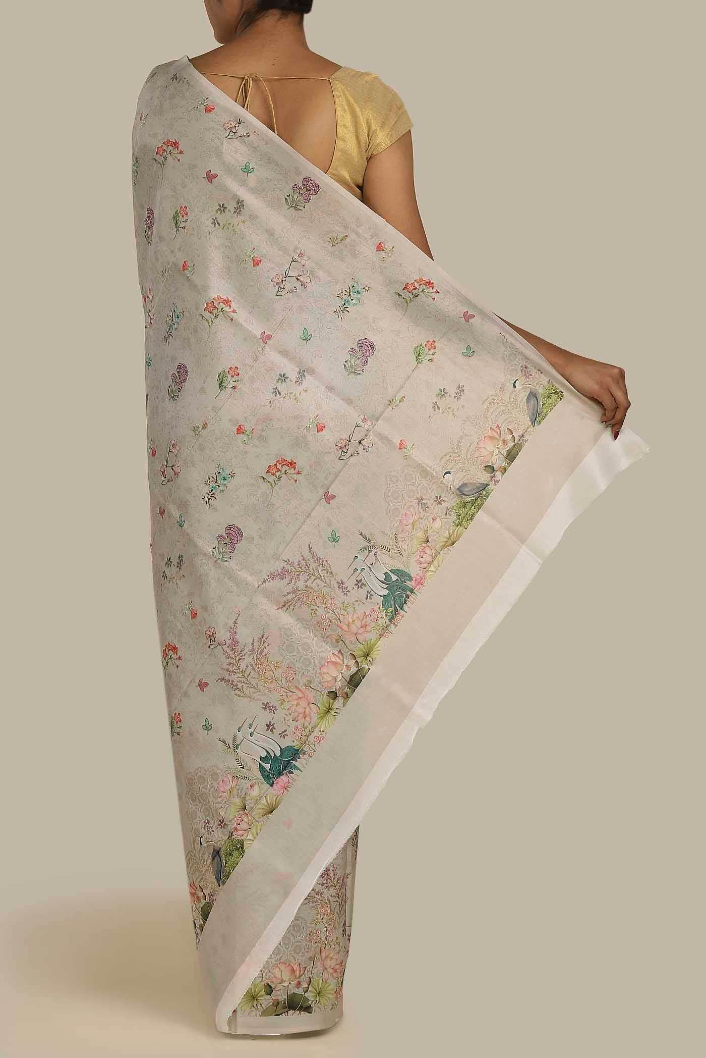 Beige Printed Silk Saree
