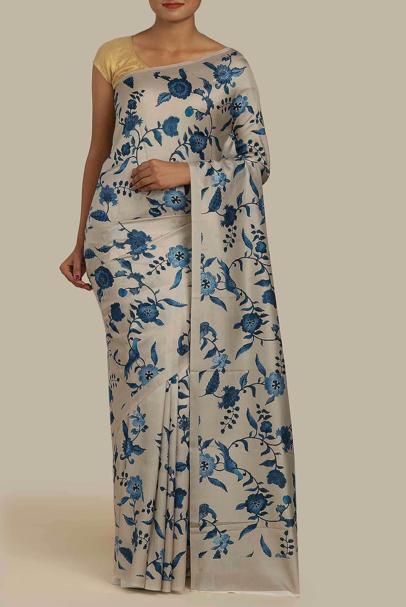 Beige Printed Silk Saree