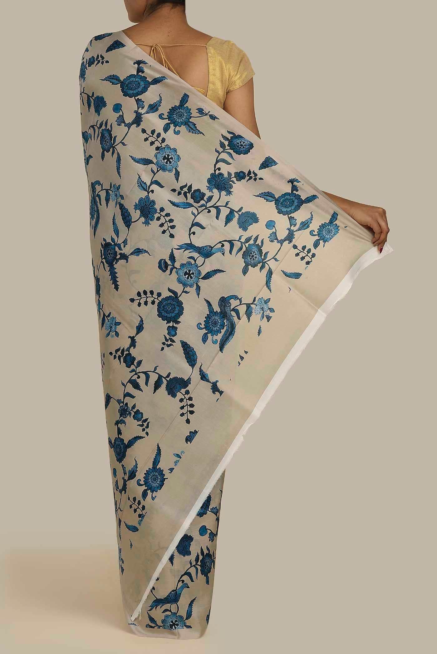 Beige Printed Silk Saree