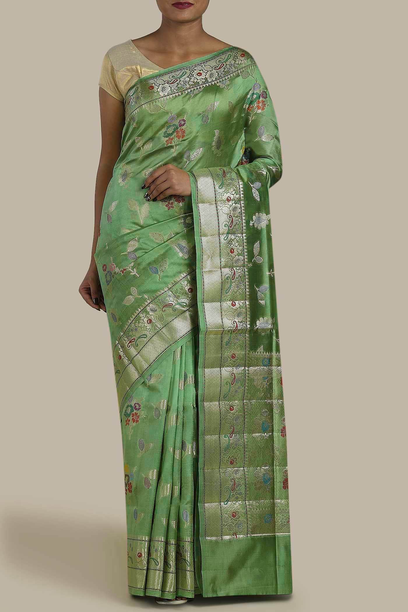 Green Banarasi Raw Silk Saree