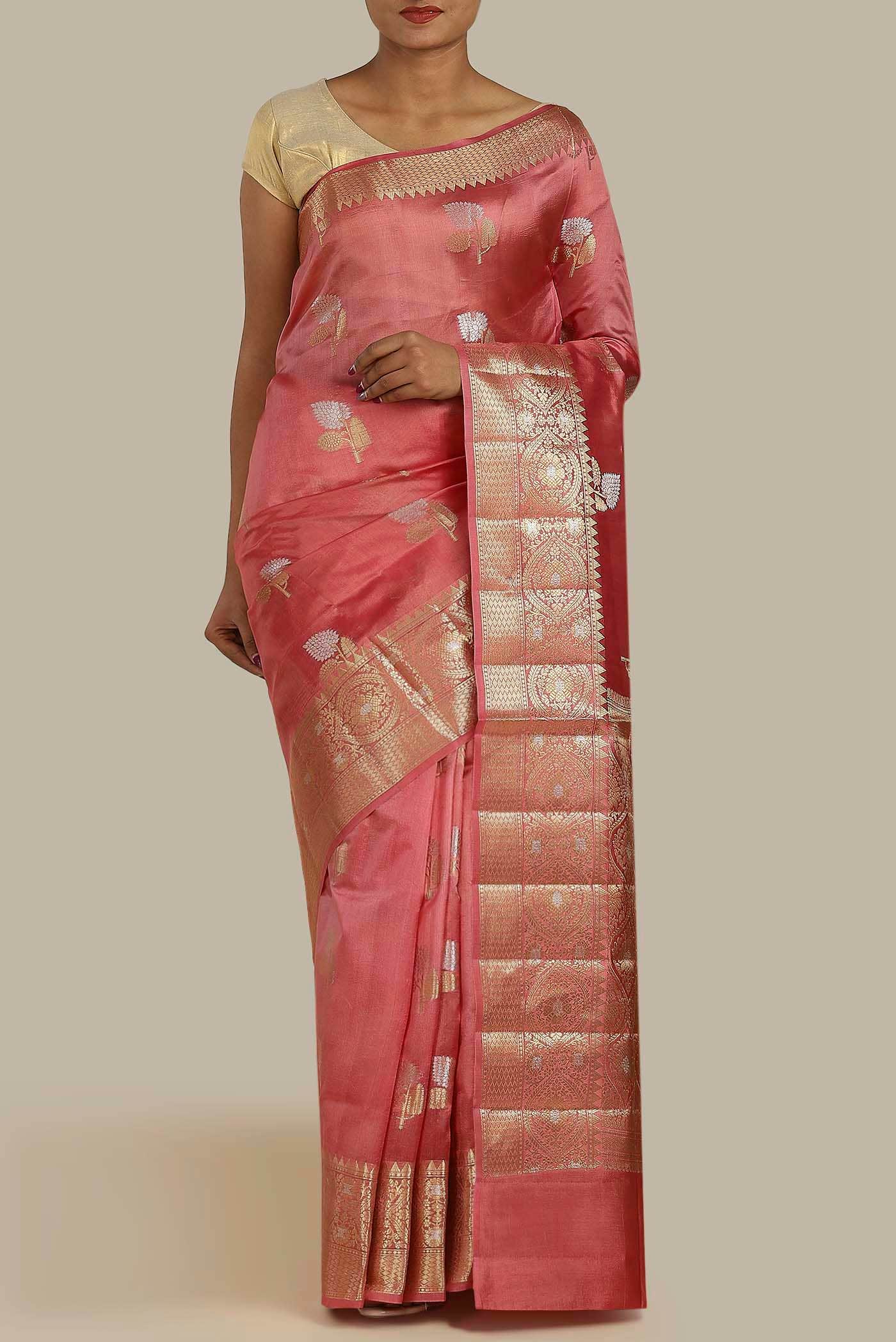 Coral Banarasi Raw Silk Saree