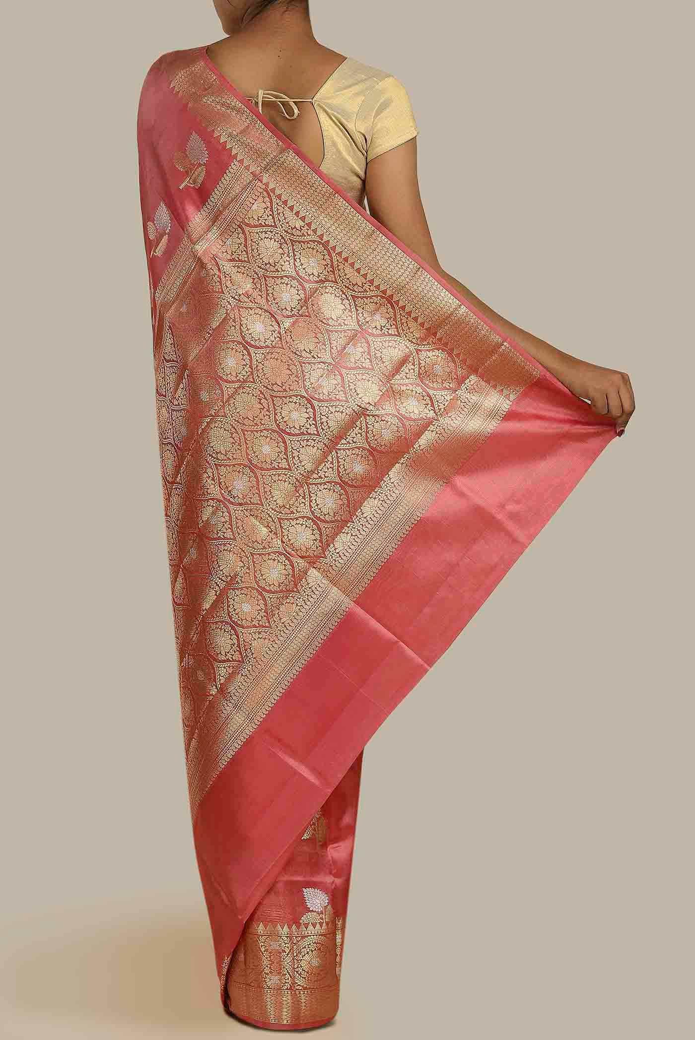 Coral Banarasi Raw Silk Saree