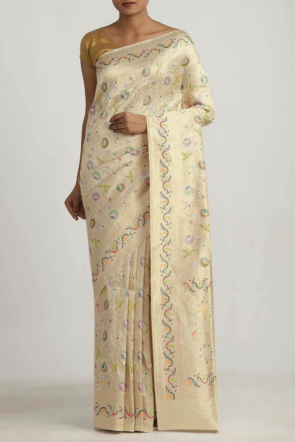 Cream Banarasi Silk Saree