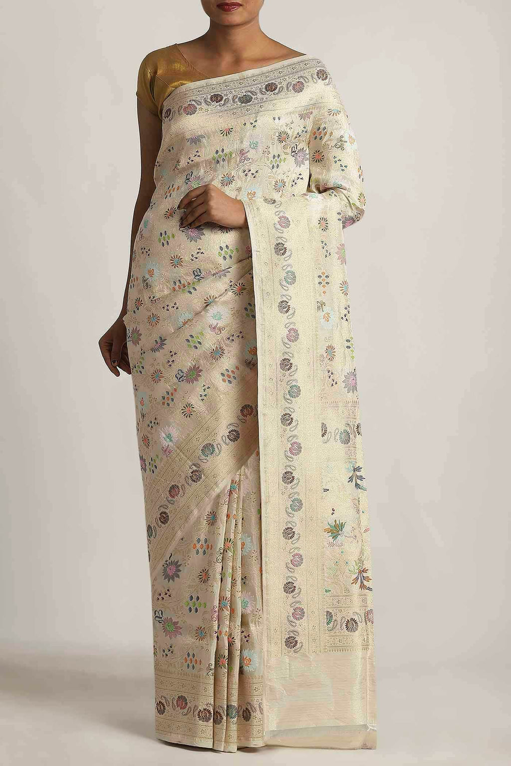 Cream Banarasi Tissue Silk Saree