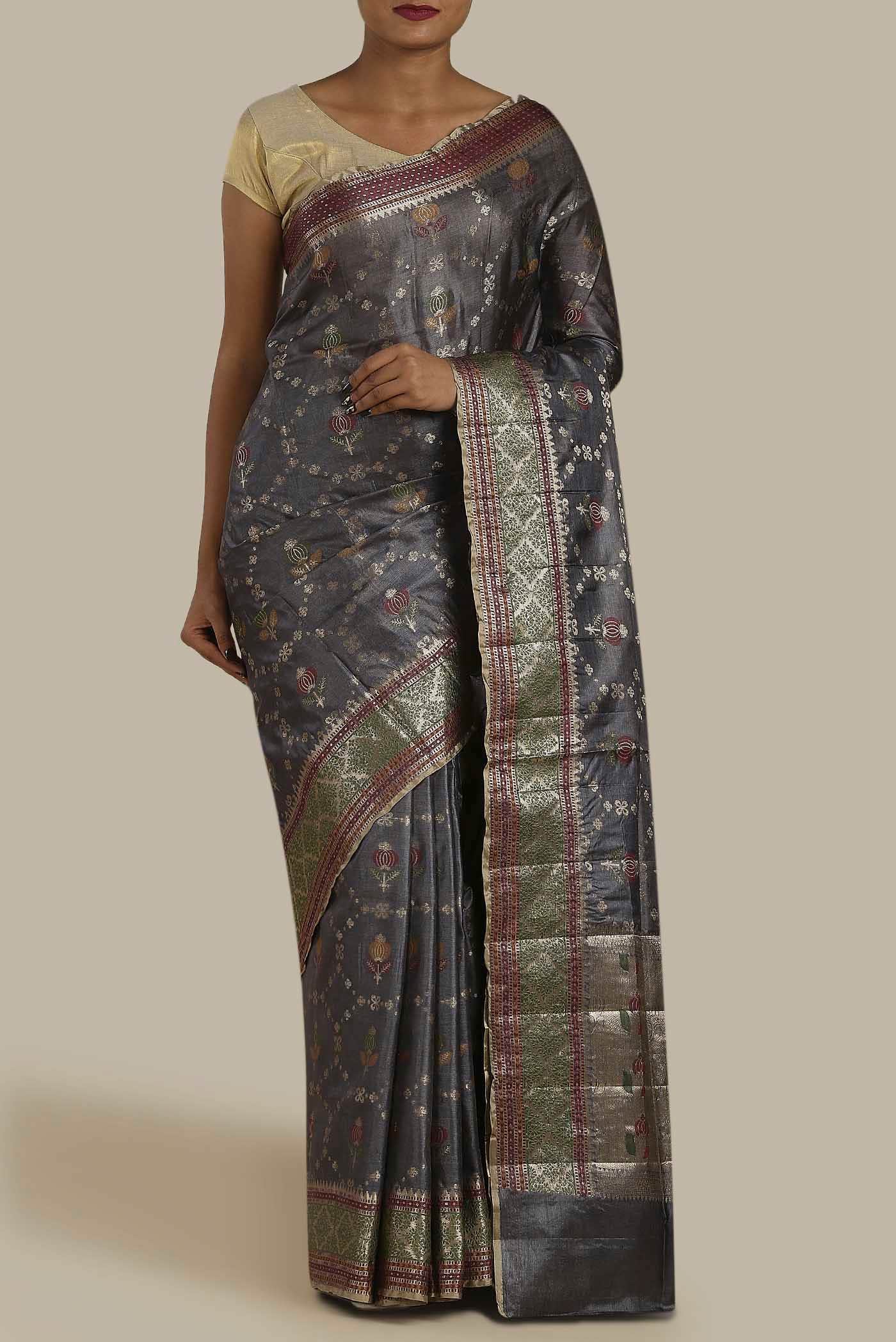 Grey Banarasi Raw Silk Saree