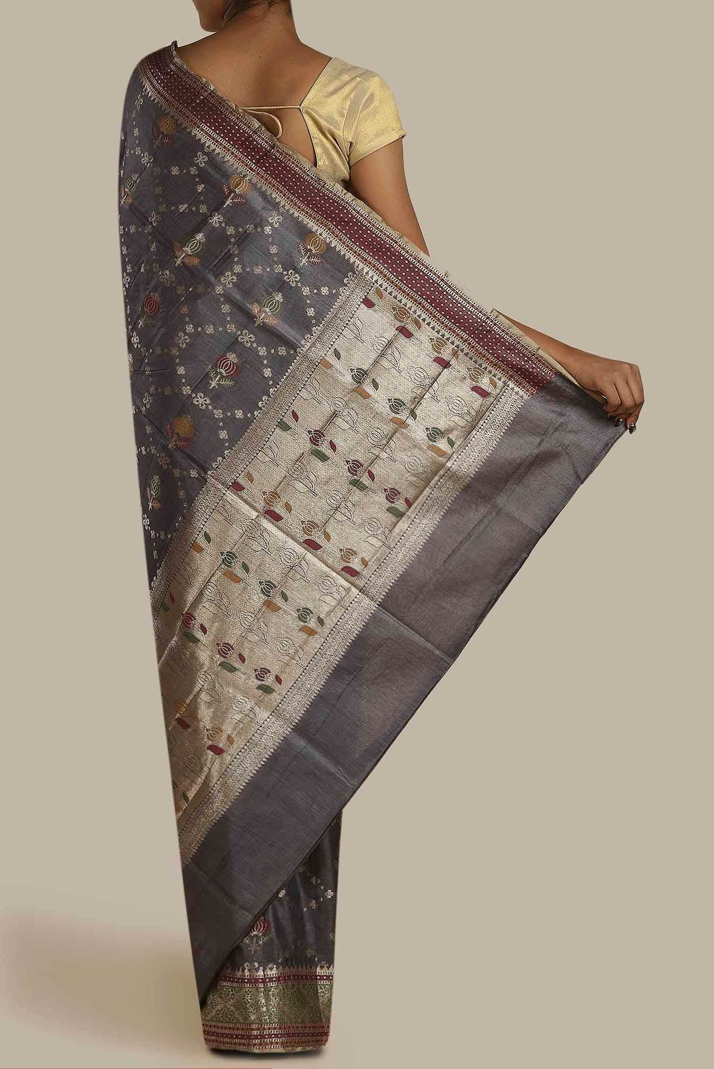 Grey Banarasi Raw Silk Saree