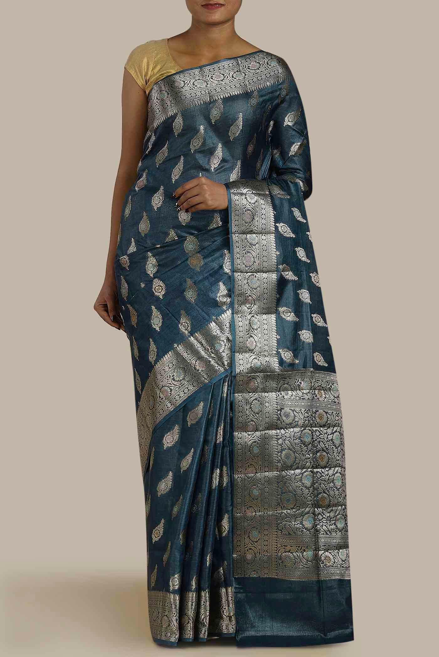 Blue Banarasi Raw Silk Saree