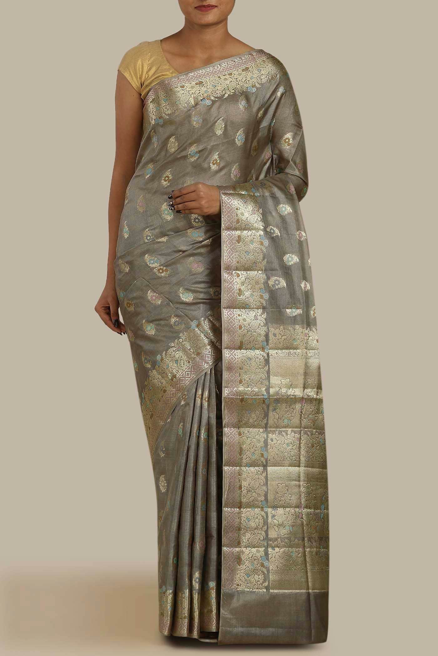 Grey Banarasi Raw Silk Saree
