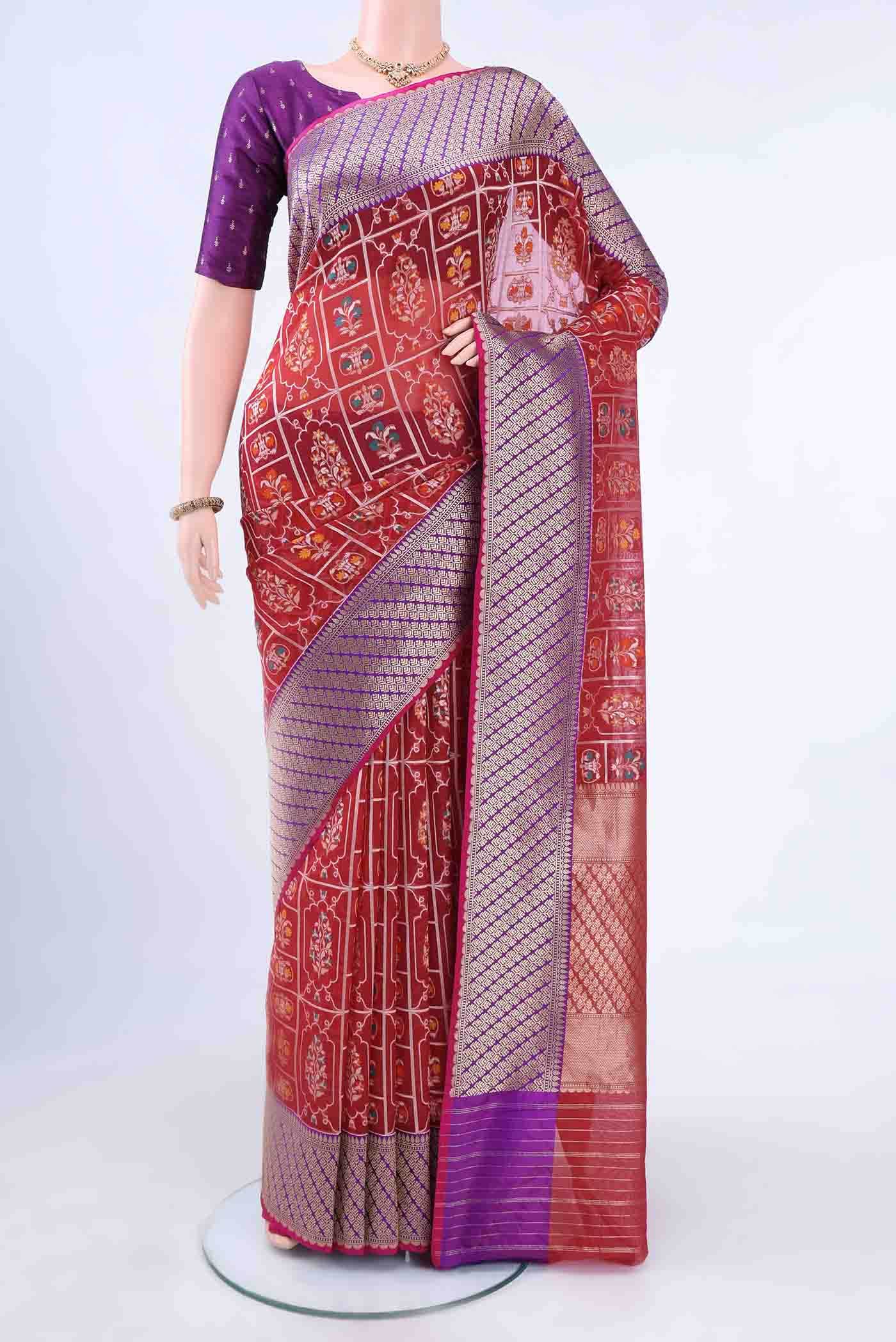 Maroon Kora Silk Saree