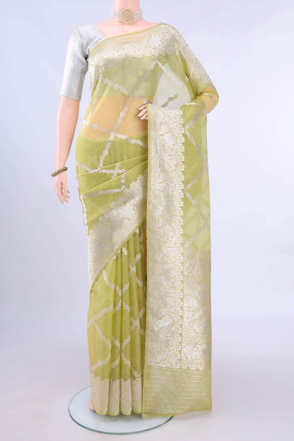 Acid Green Kora Silk Saree