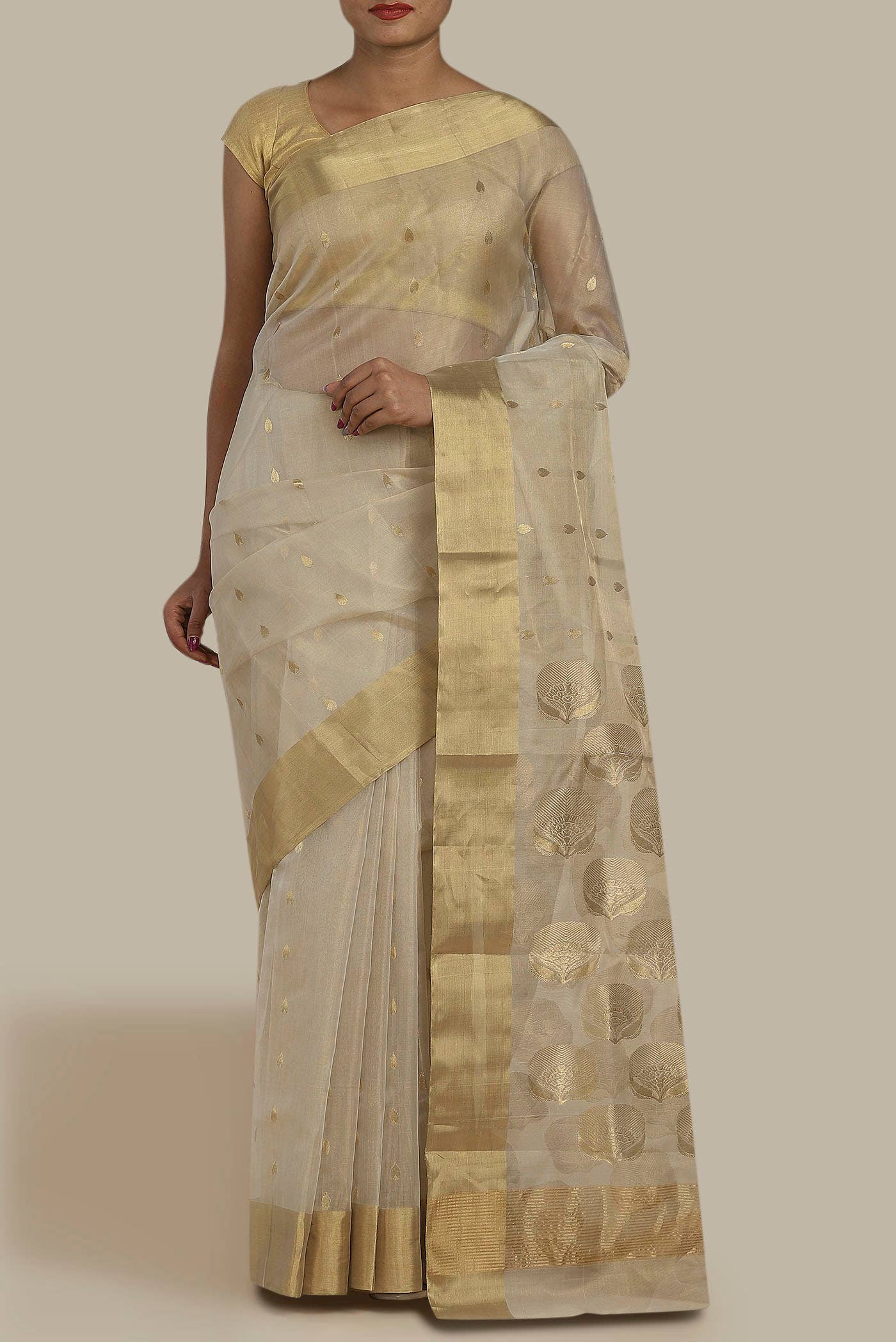 Cream Chanderi Tissue Silk Cotton Saree