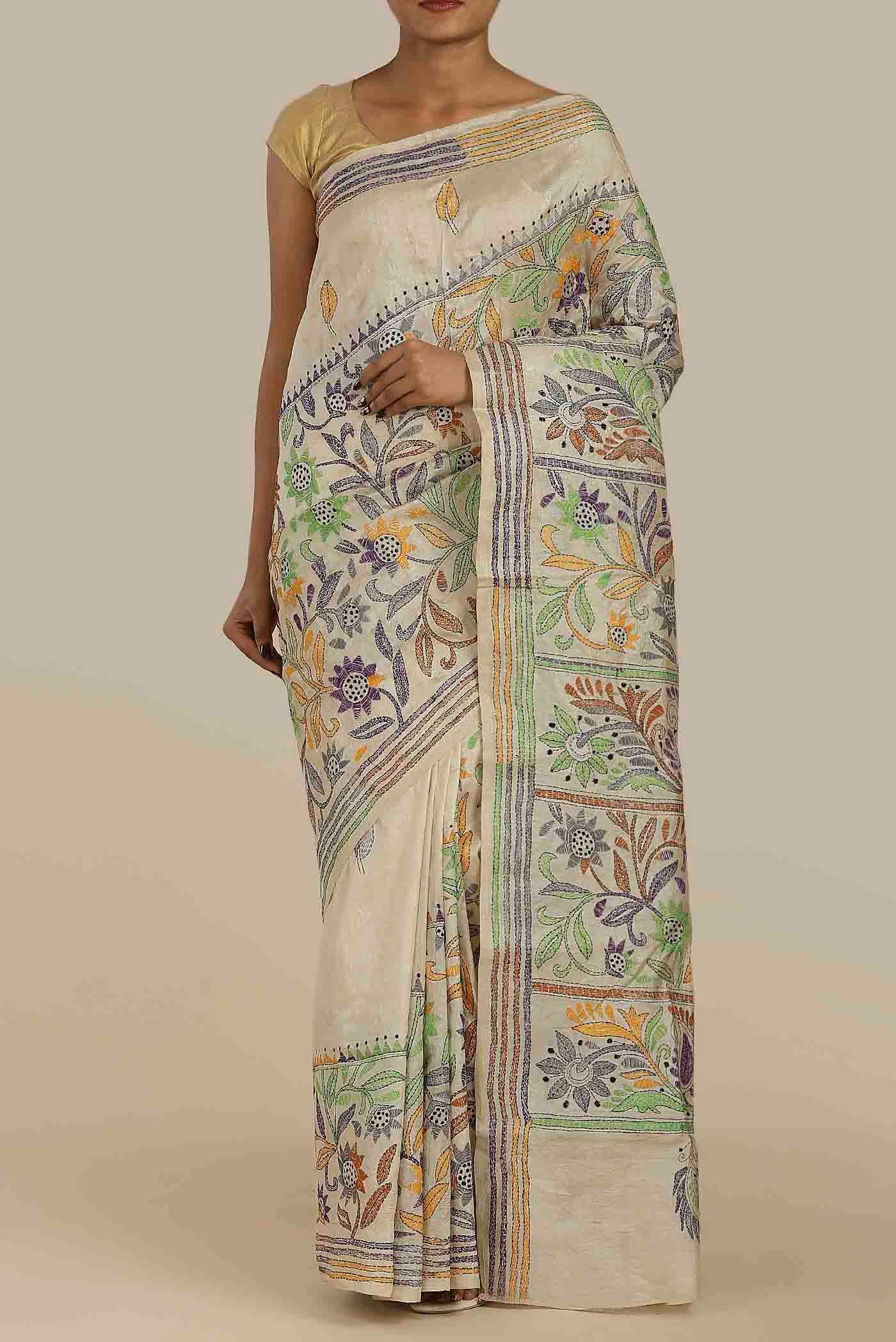 Off White Bhagalpuri Tussar Silk Saree
