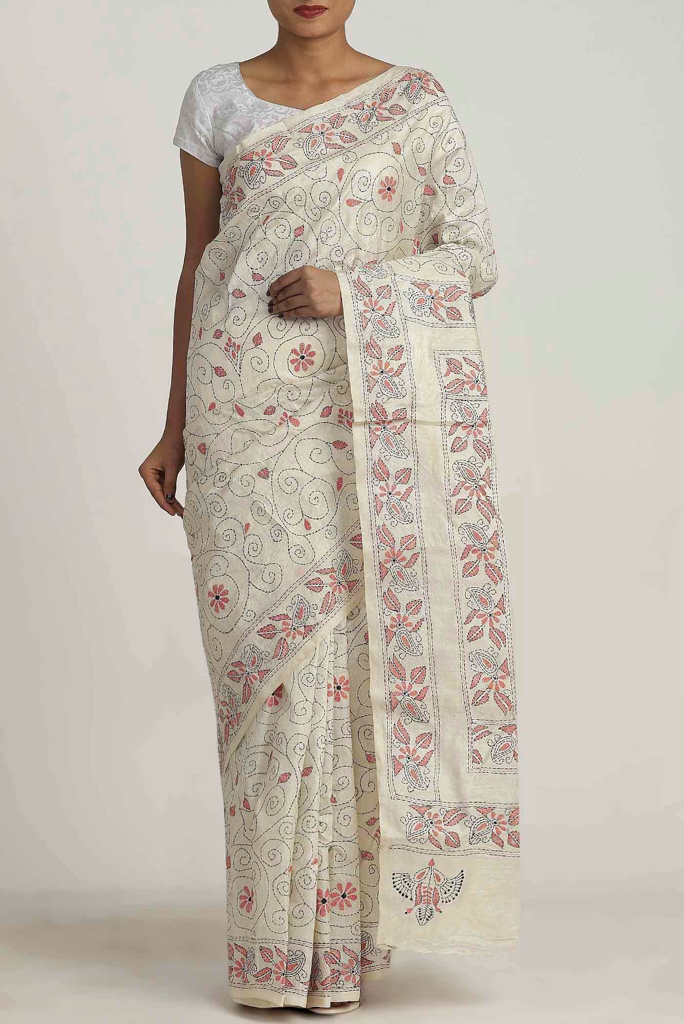 Cream Tussar Silk Saree