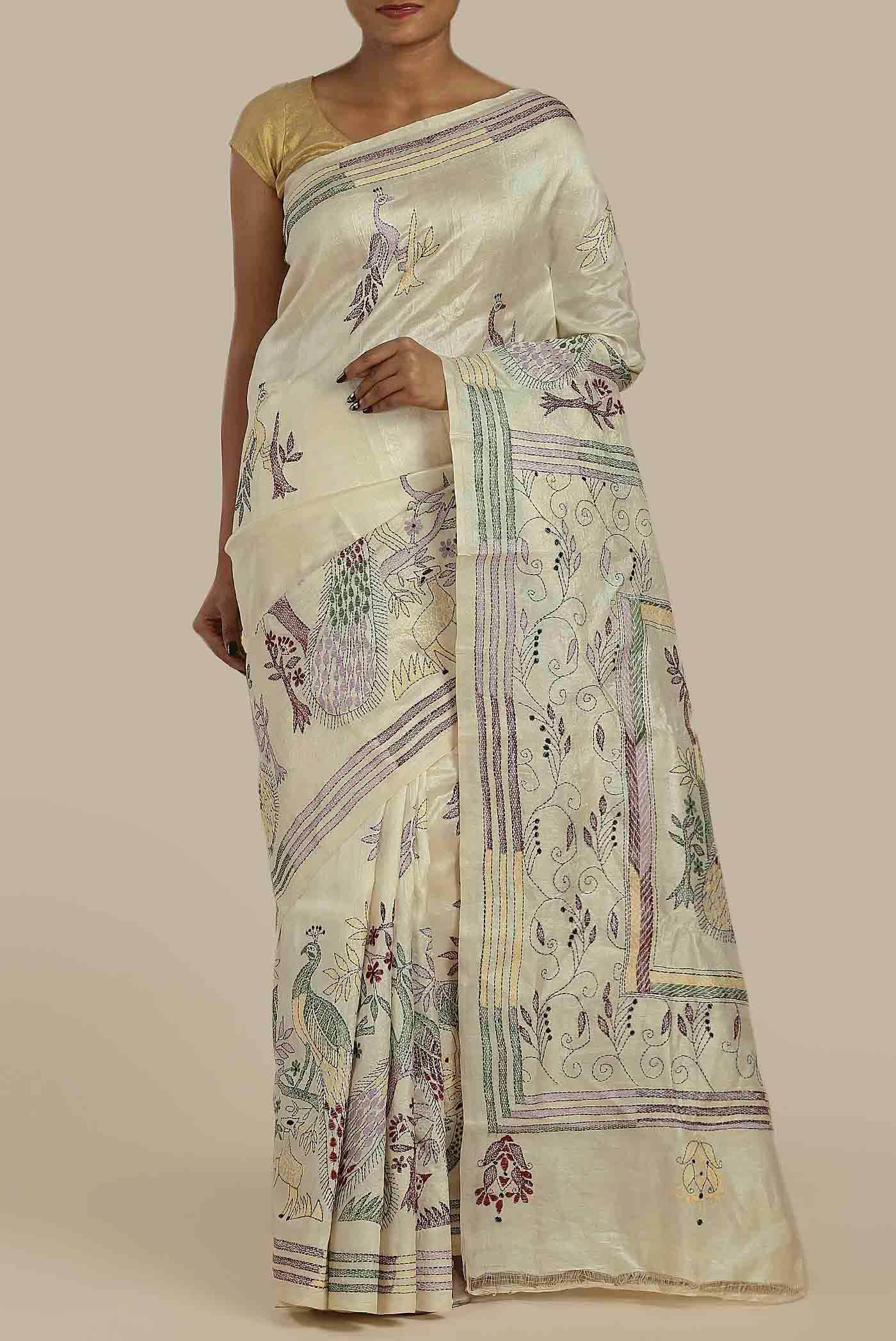 White Bhagalpuri Tussar Silk Saree