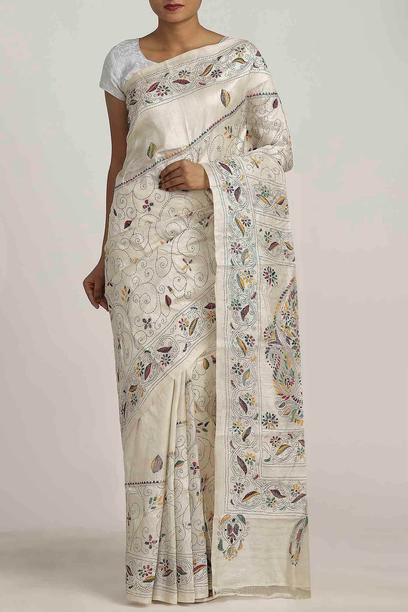Cream Tussar Silk Saree