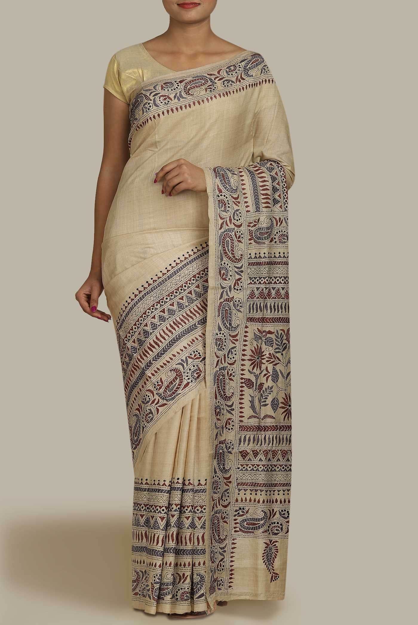 Beige Bhagalpuri Tussar Silk Saree