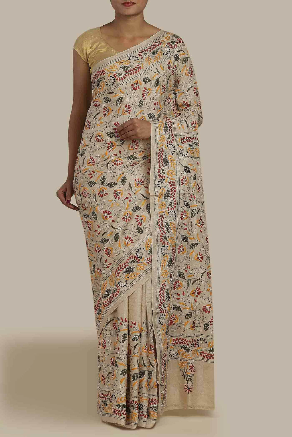 Beige Tussar Silk Saree