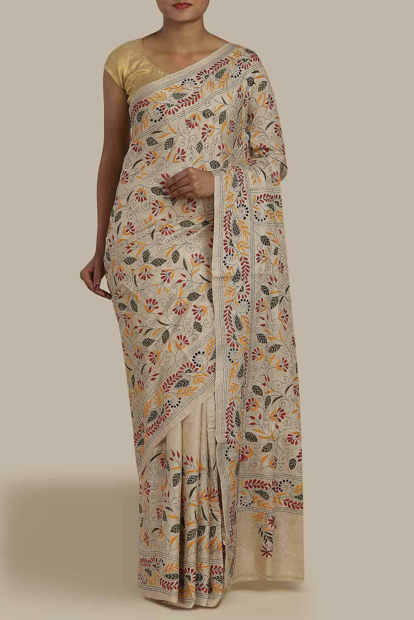 Beige Tussar Silk Saree