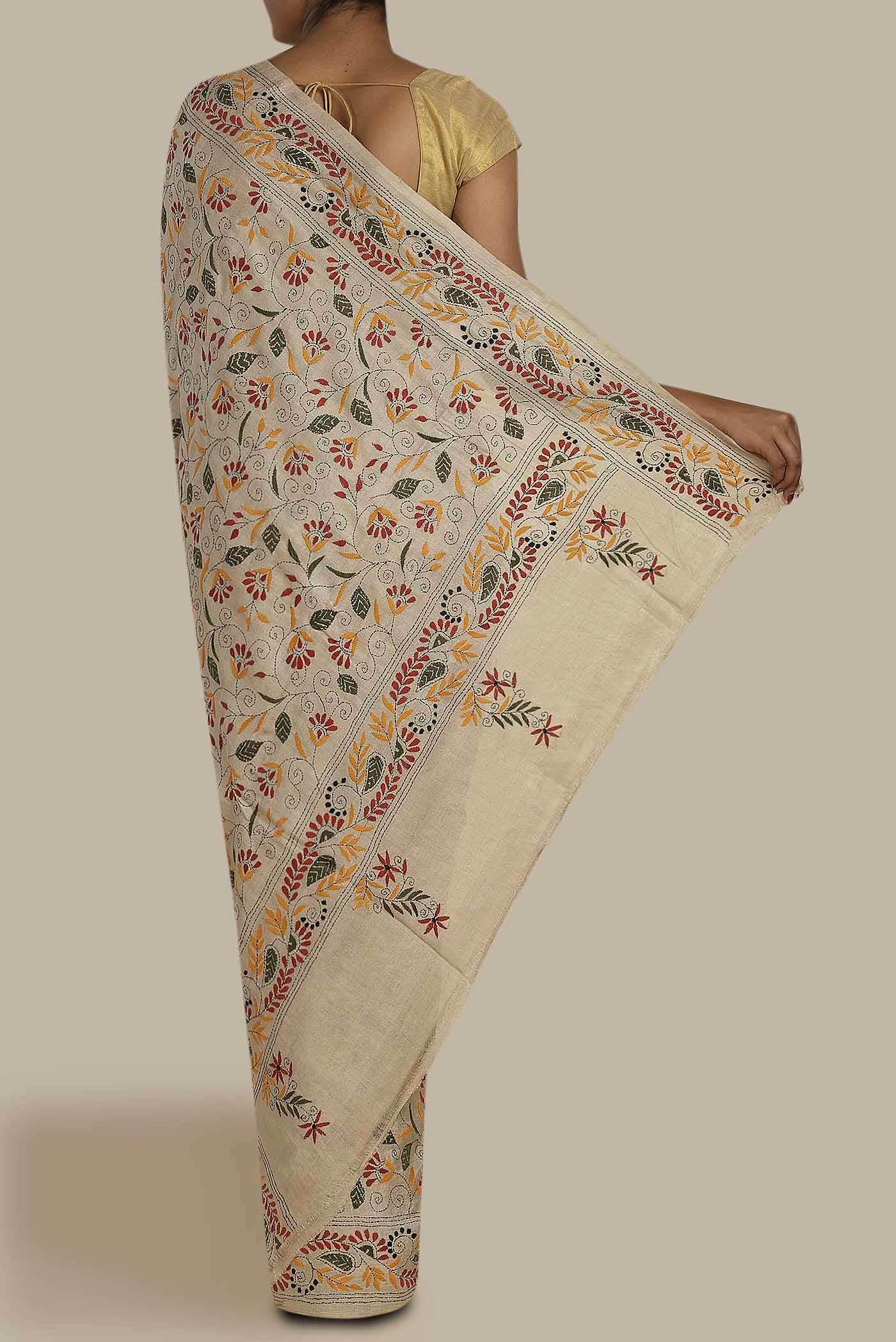 Beige Tussar Silk Saree