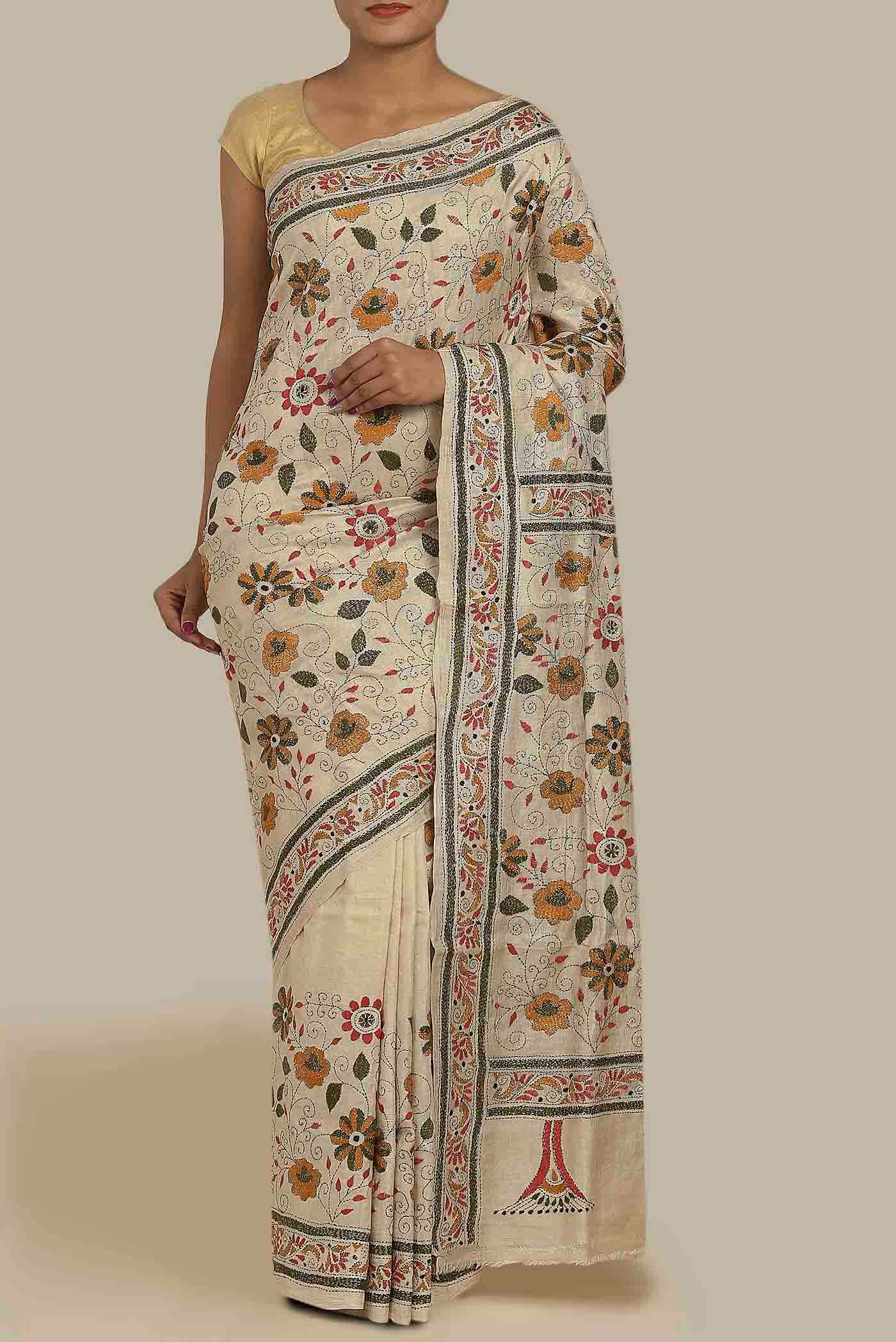 Beige Tussar Silk Saree