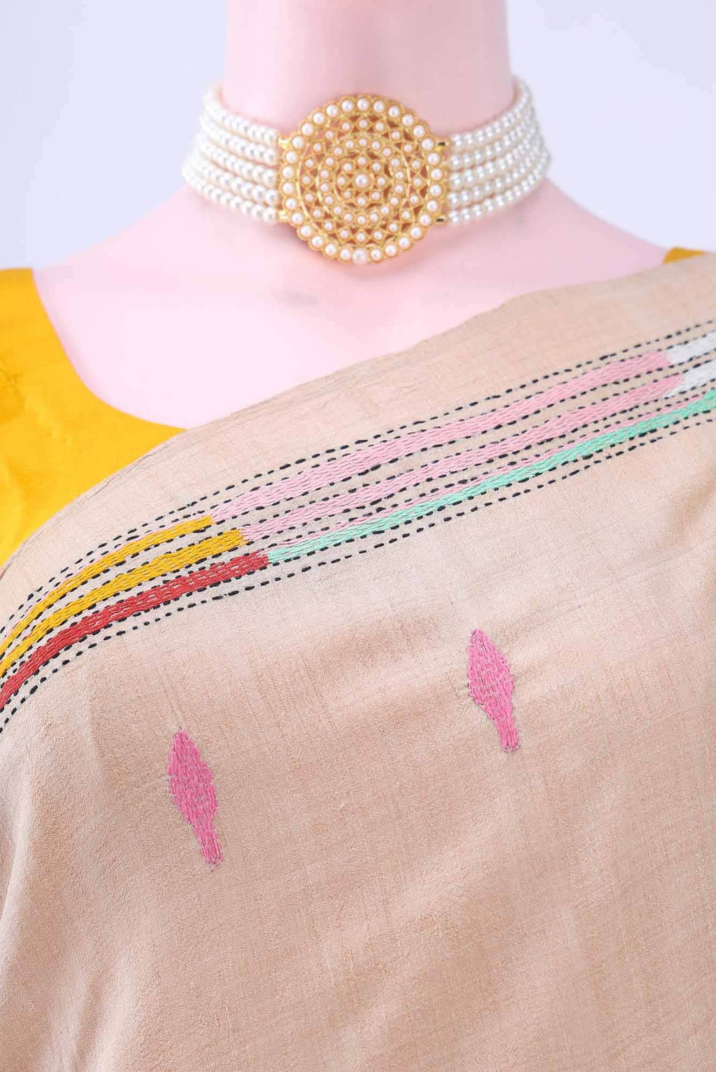 Beige Kantha Silk Saree