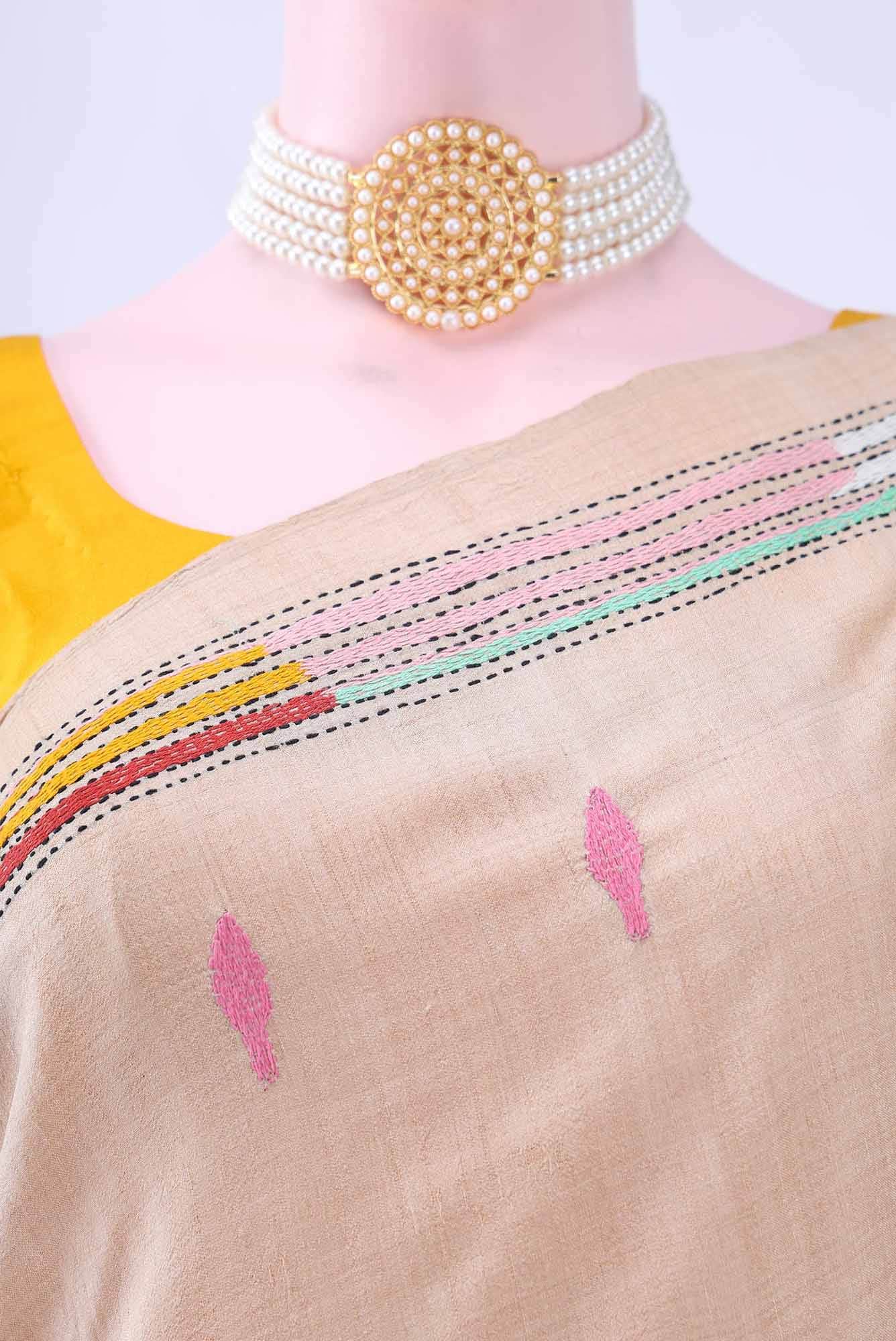 Beige Kantha Silk Saree