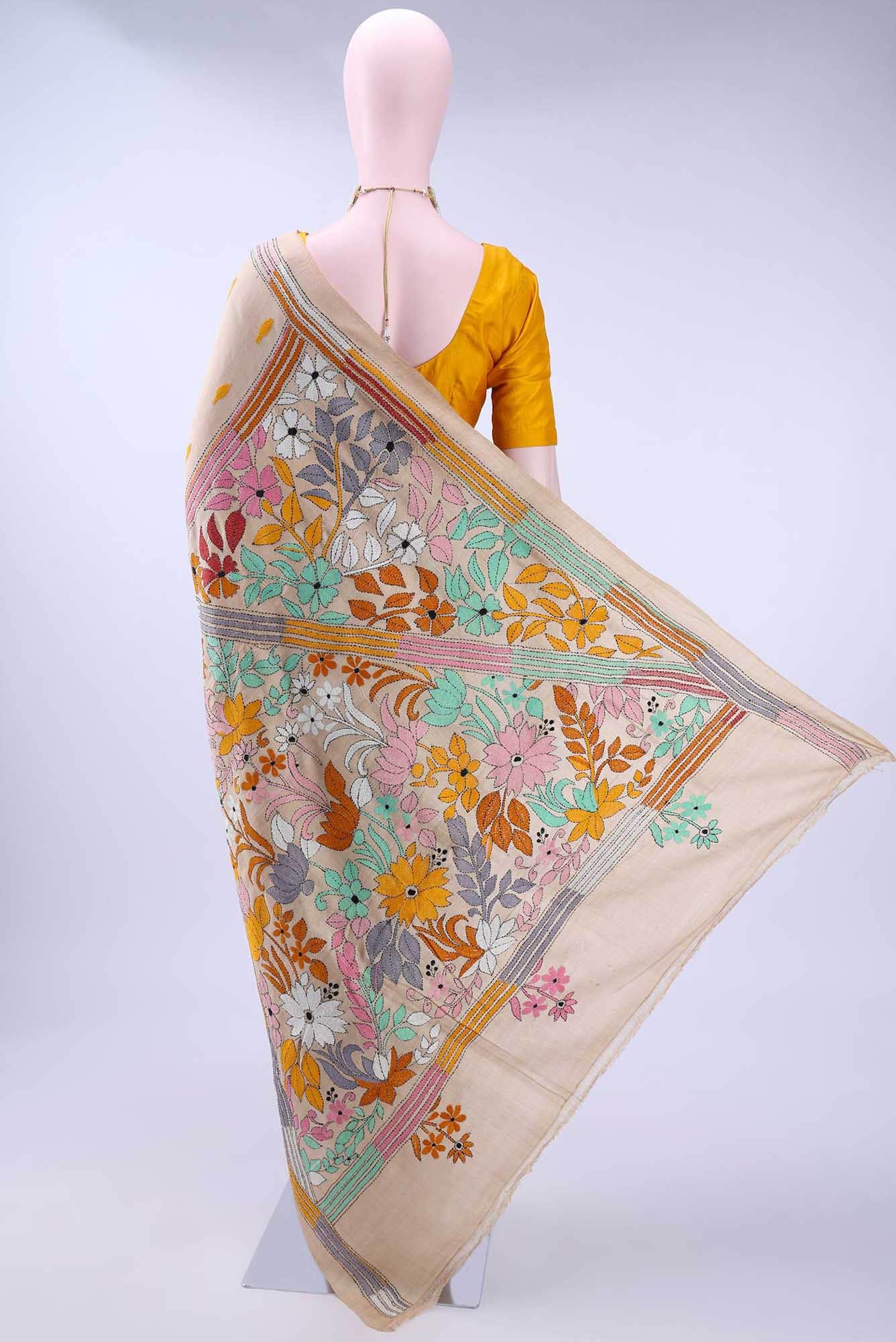 Beige Kantha Silk Saree