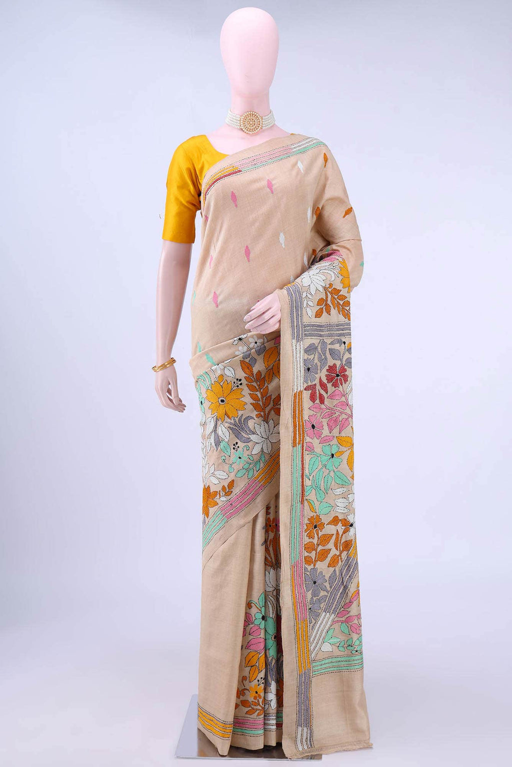 Beige Kantha Silk Saree