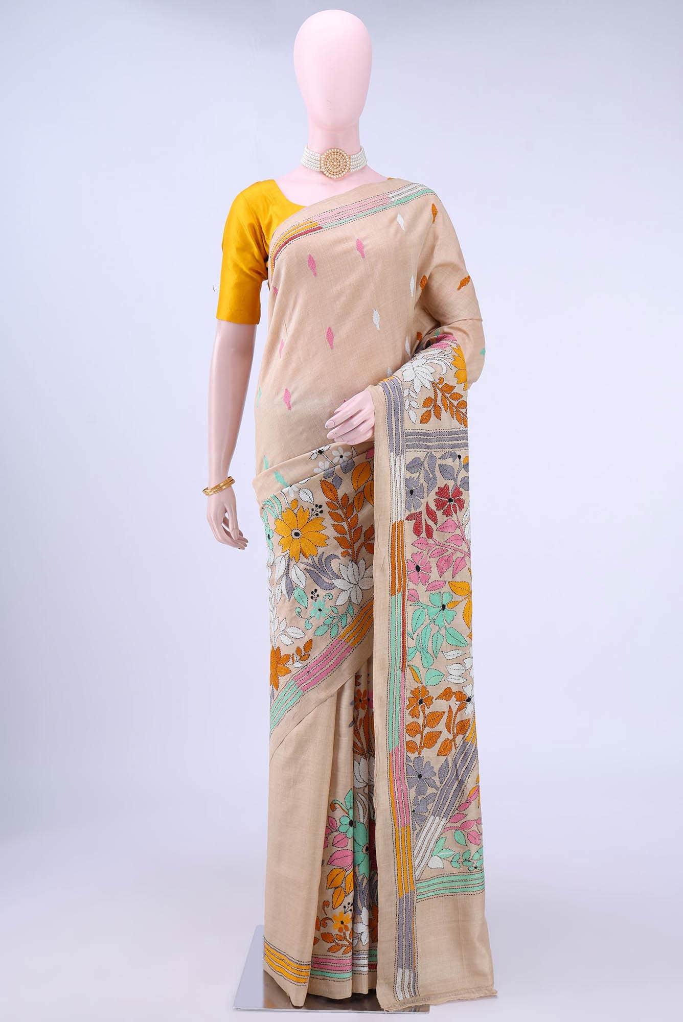 Beige Kantha Silk Saree
