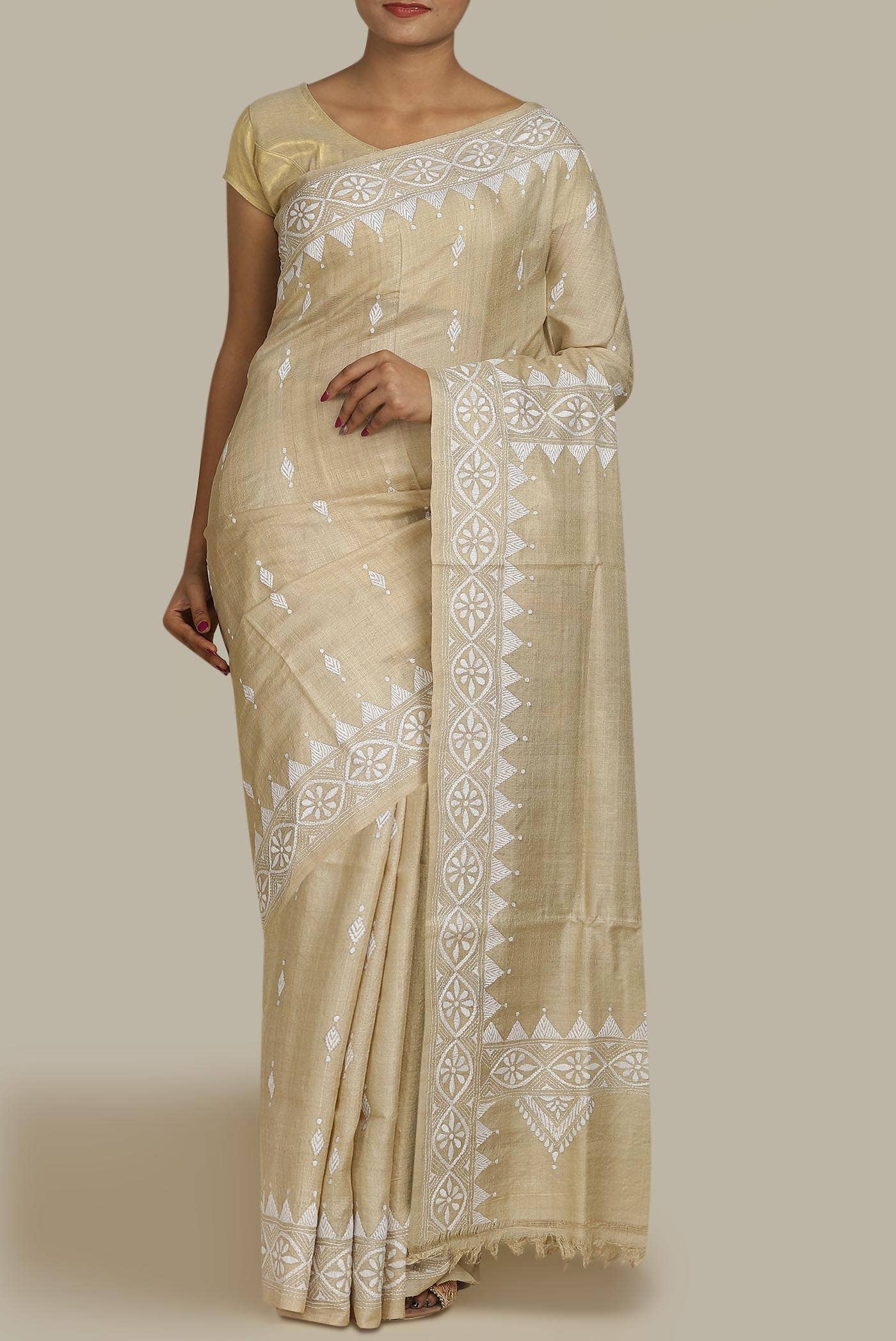 Beige Bhagalpuri Tussar Silk Saree