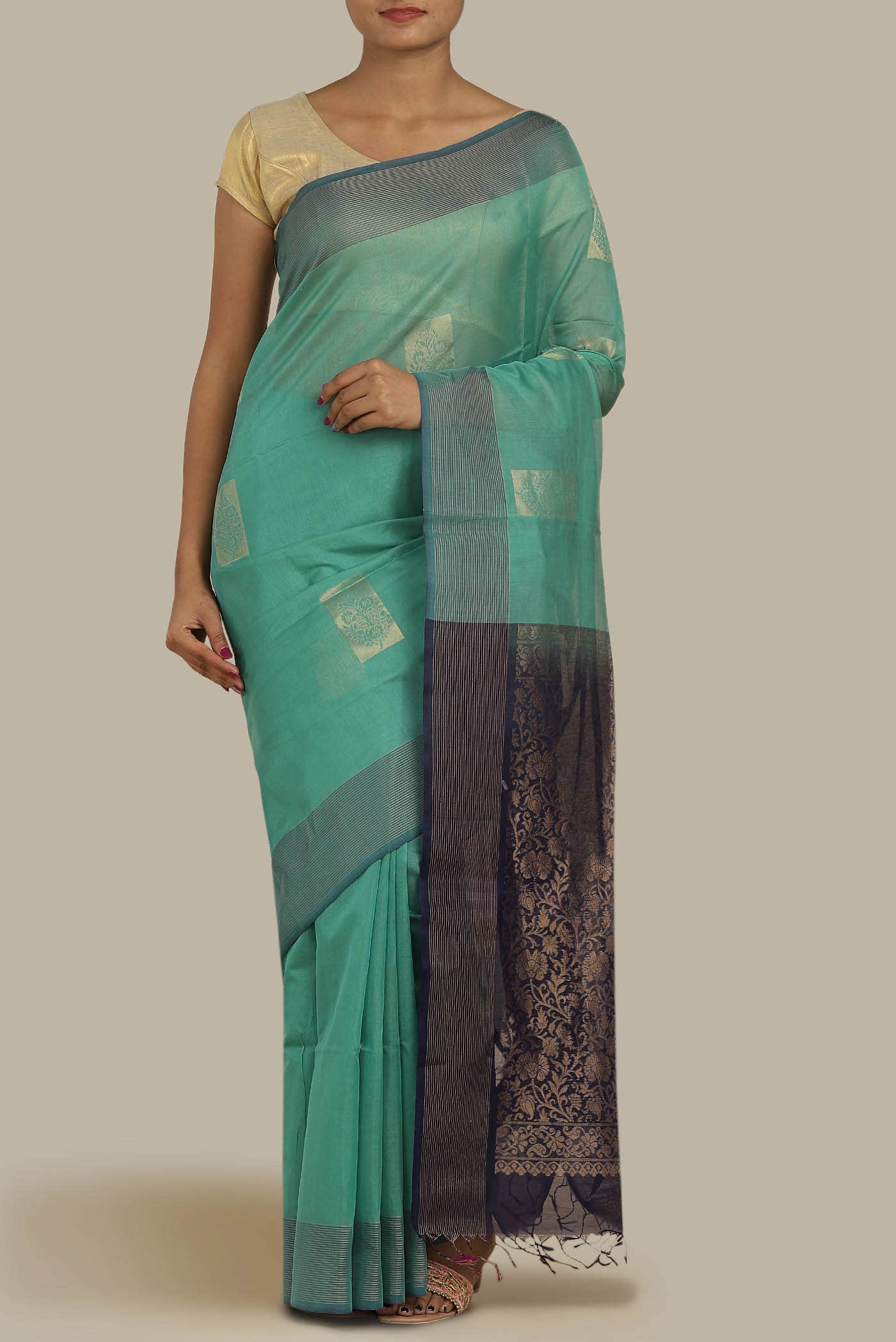 Turquoise Silk Cotton Saree
