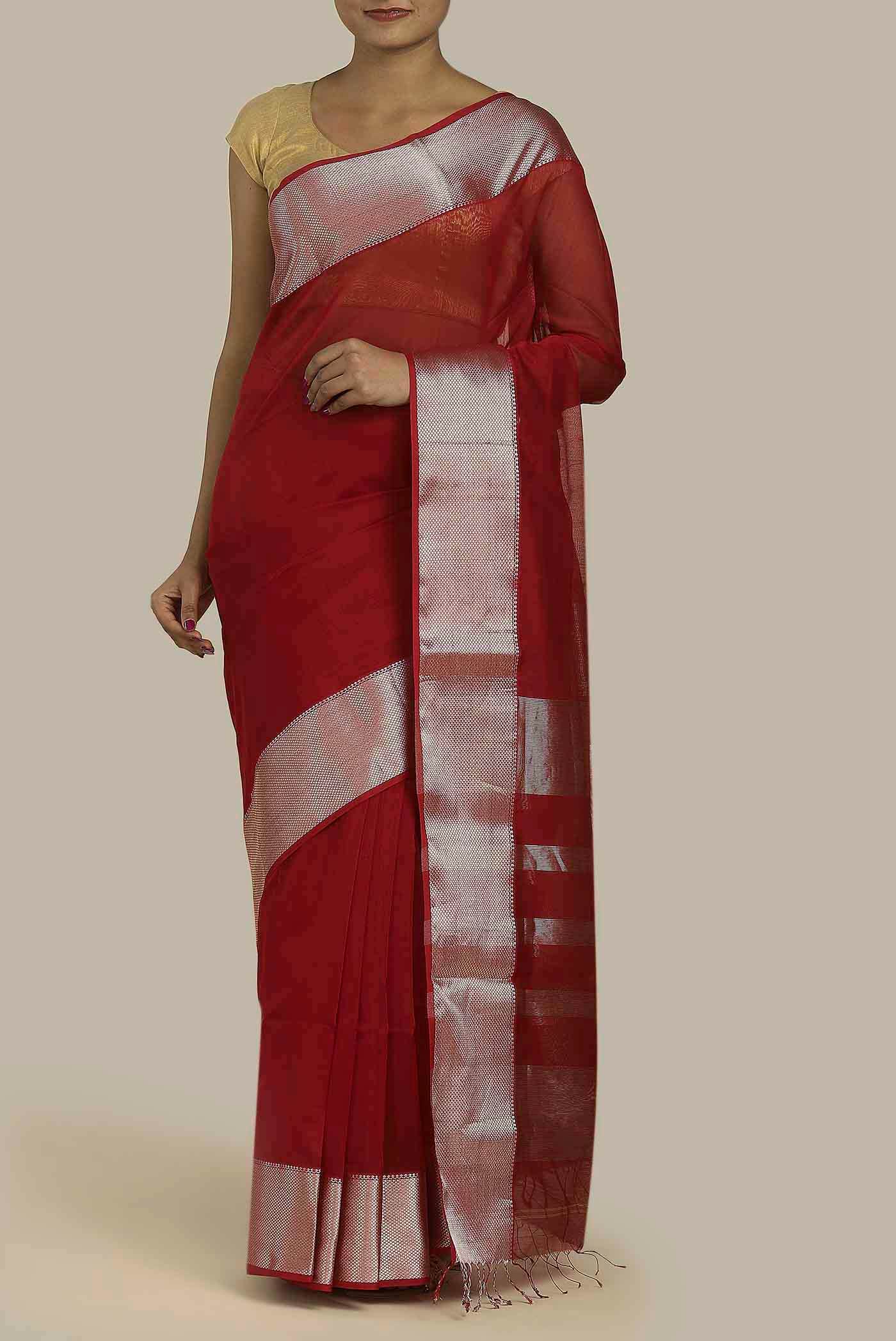 Red Maheshwari Silk Cotton Saree