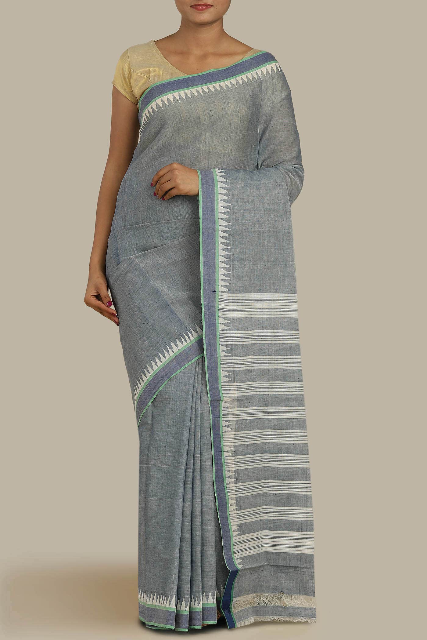 Blue Grey Mangalagiri Cotton Saree
