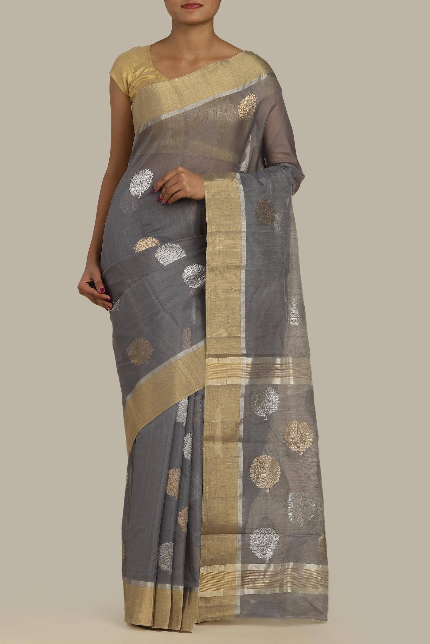 Grey Chanderi Silk Cotton Saree
